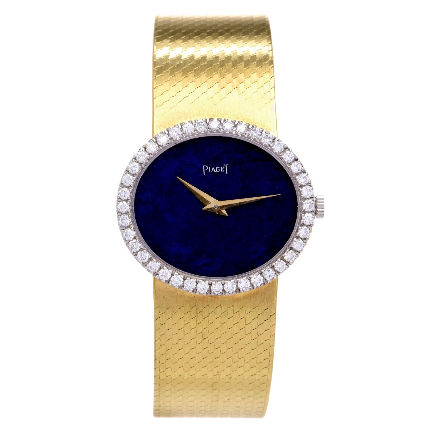 A boutique Luxury Fine Watch from a desired brand, this Piaget Vintage 18K Gold Watch, is every collector's dream,

Featuring a manual  winding movement,
sparkle diamond bezel weighing 1.00 carats, E-F color, VS Clarity Lapis Lazuli dial, and