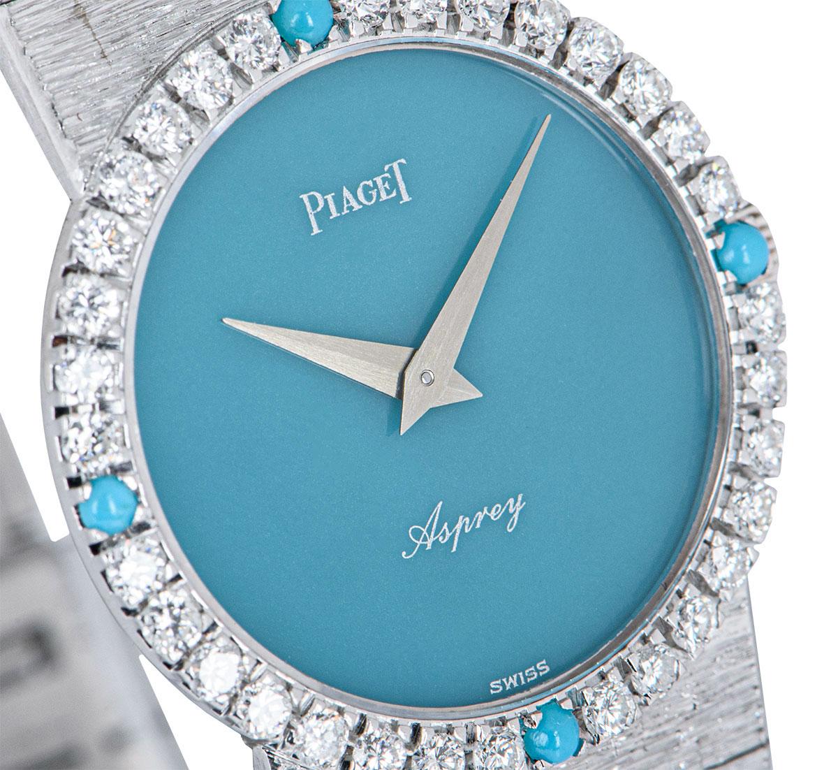 Round Cut Piaget Vintage Double Name Asprey Turquoise Dial Diamond White Gold Wristwatch