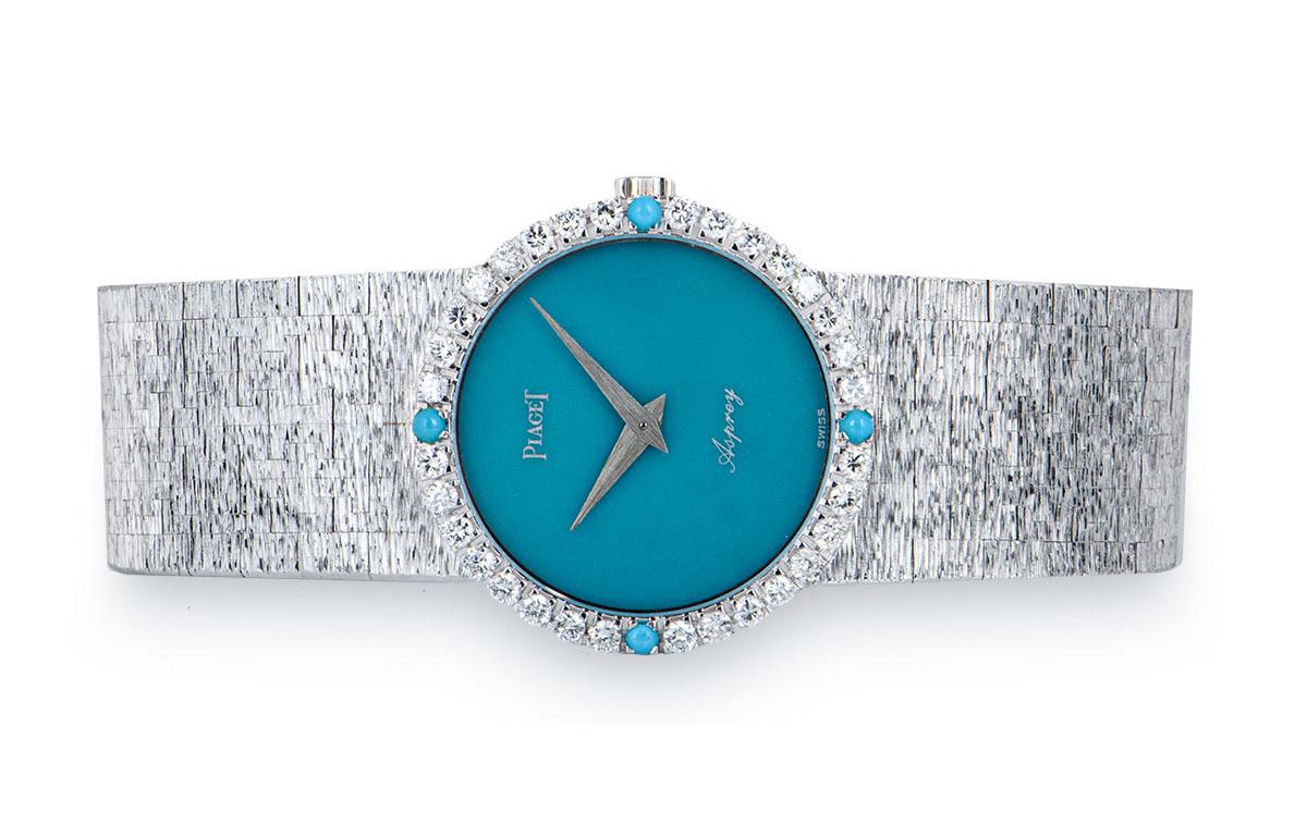 Piaget Vintage Double Name Asprey Turquoise Dial Diamond White Gold Wristwatch In Excellent Condition In London, GB