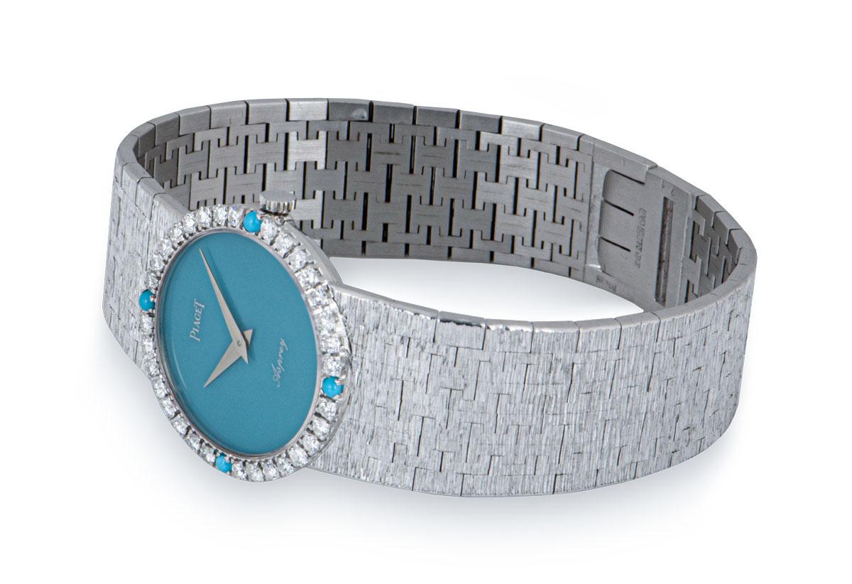 Women's Piaget Vintage Double Name Asprey Turquoise Dial Diamond White Gold Wristwatch