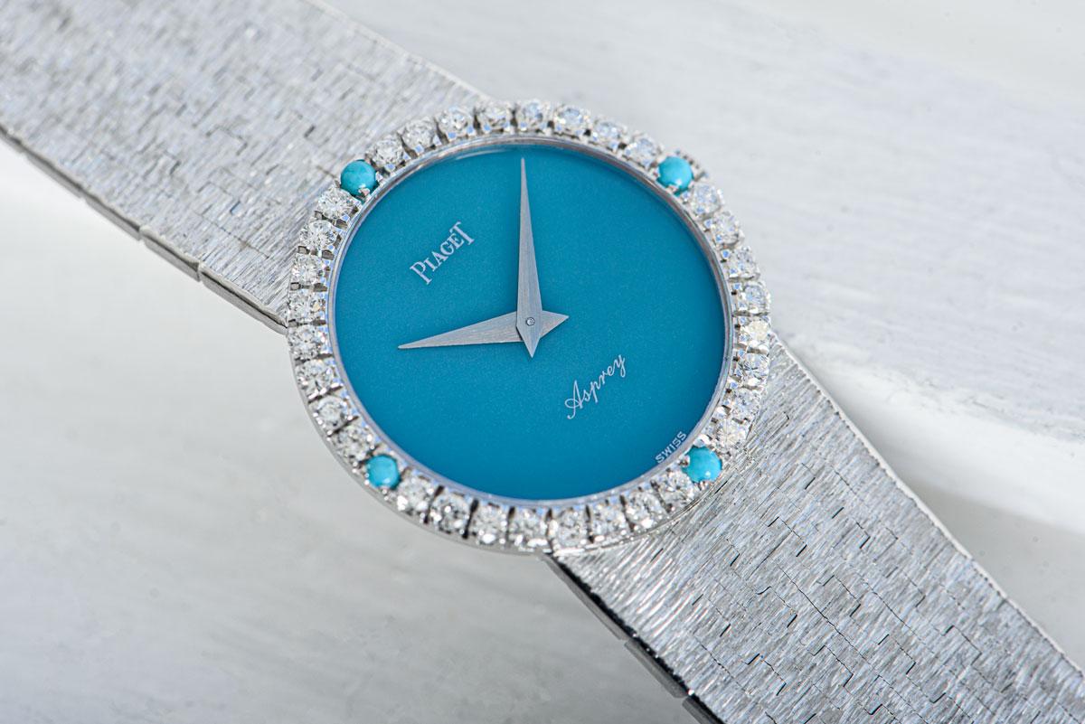 Piaget Vintage Double Name Asprey Turquoise Dial Diamond White Gold Wristwatch 4