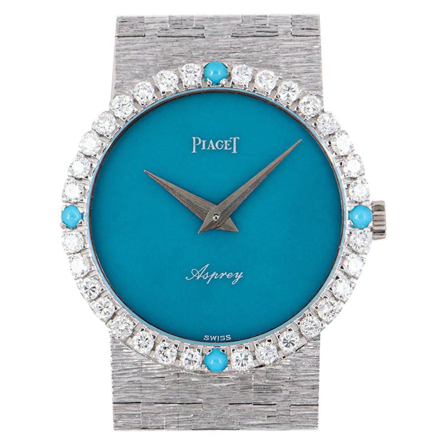 Piaget Vintage Double Name Asprey Turquoise Dial Diamond White Gold Wristwatch