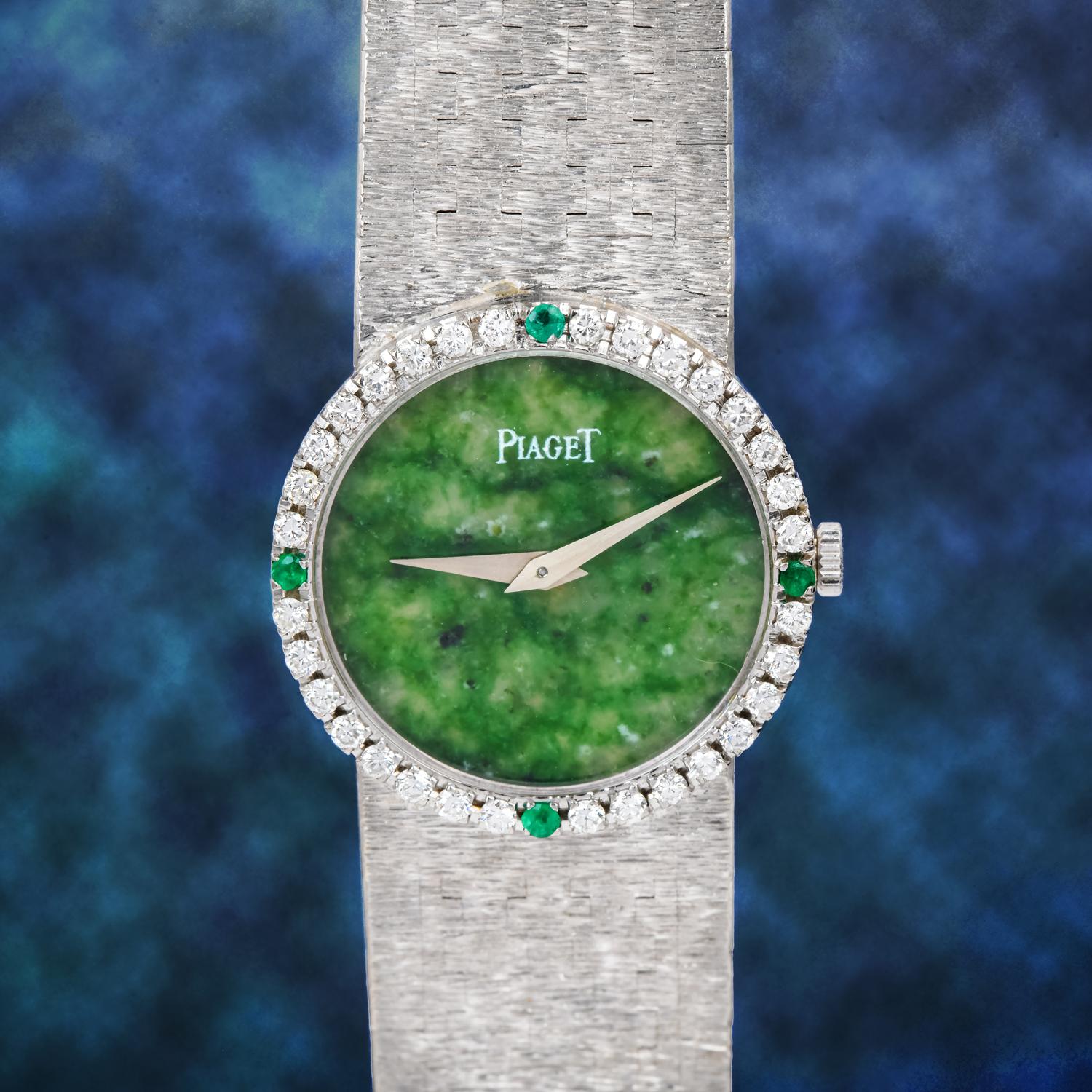 Piaget Vintage Green jade Dial Diamond Gold Ladies WatchThis vintage 1970s Piaget natural jade and Diamond 18K white Gold Designer Wrist Watch is hardly worn. It is a rare variation of the PIAGET depose collection presenting a green jade dial,