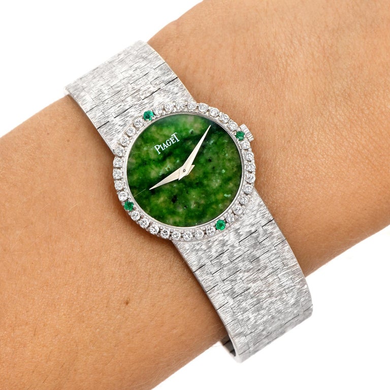 Retro Piaget Vintage Green Jade Dial Diamond Gold Ladies Watch For Sale