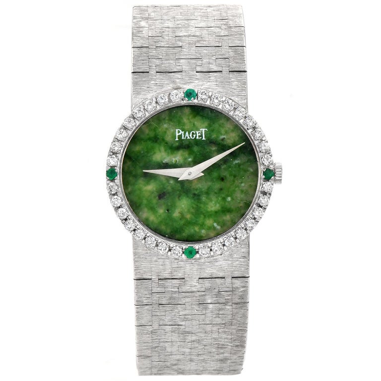 Round Cut Piaget Vintage Green Jade Dial Diamond Gold Ladies Watch For Sale