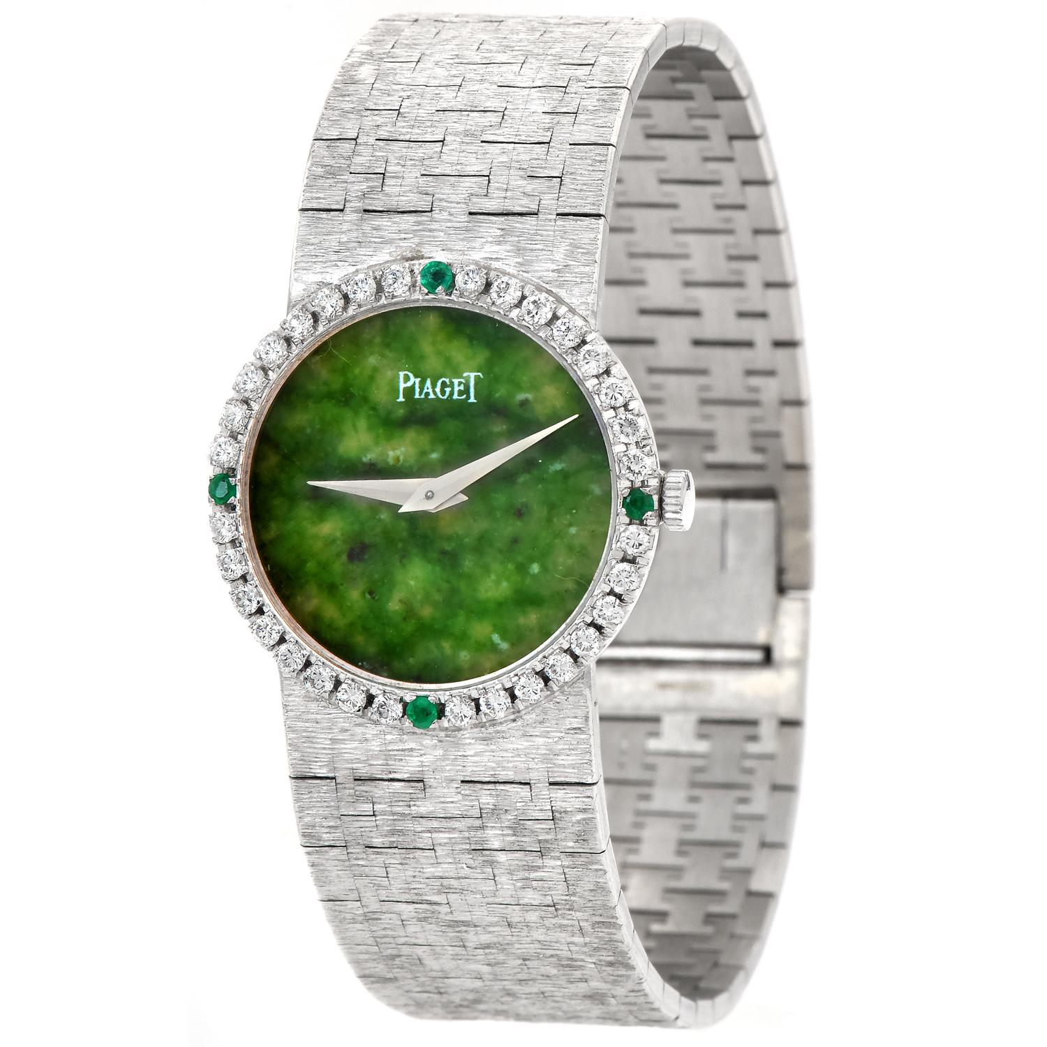 Retro Piaget Vintage Green Jade Dial Diamond Gold Ladies Watch For Sale