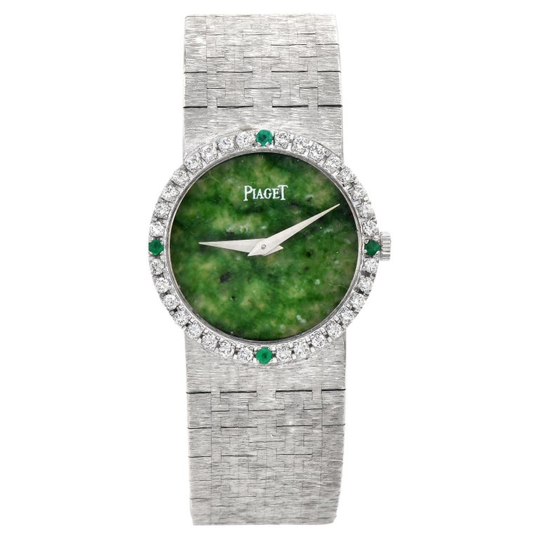 Piaget Vintage Green Jade Dial Diamond Gold Ladies Watch For Sale