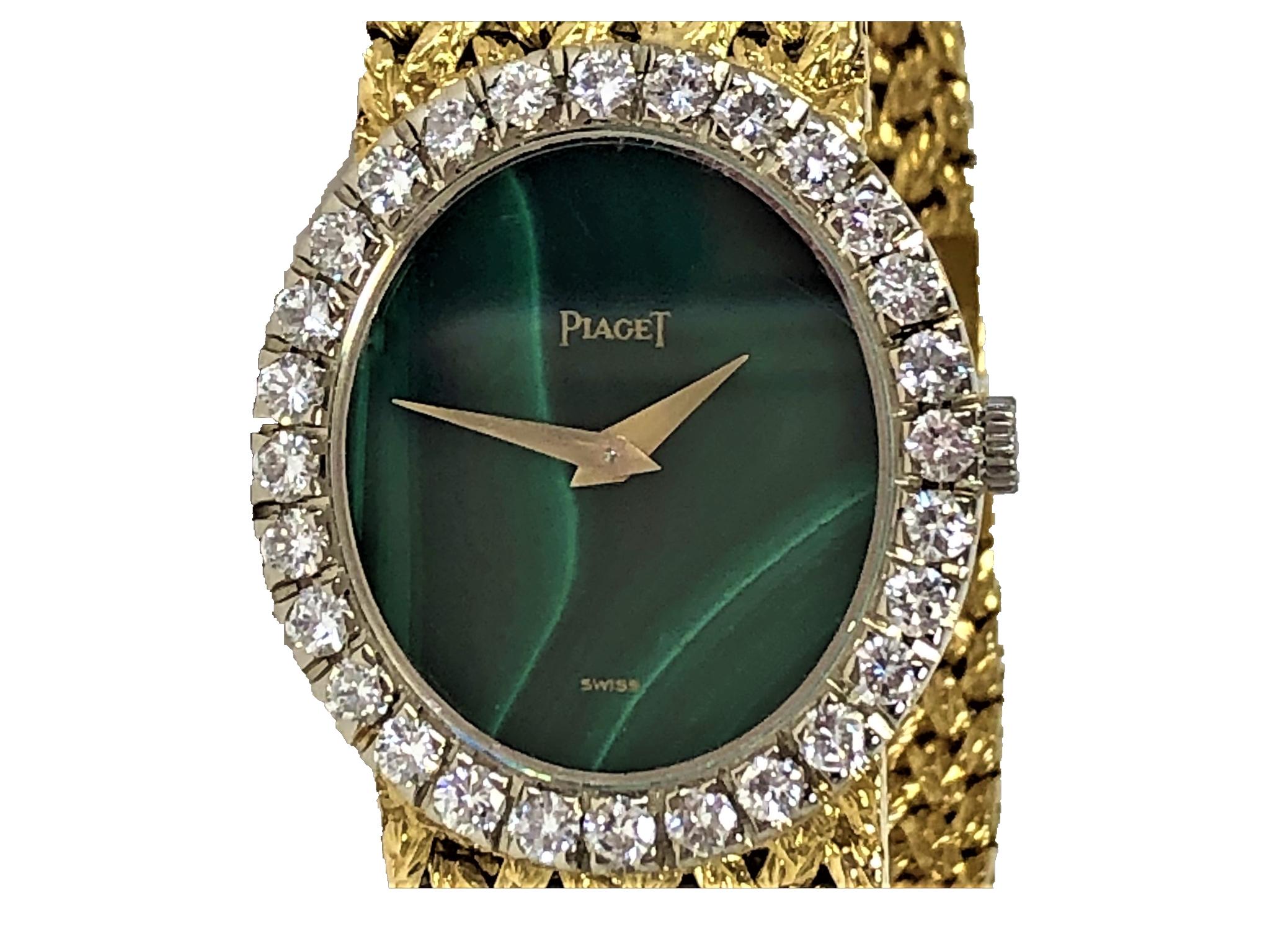 Originally retailed by Van Cleef and Arpels, this 18K yellow gold, malachite dial with diamond bezel, ladies Piaget, is numbered and signed V C A on the back of the clasp. The richly colored, deep green vertical oval malachite dial is surrounded by
