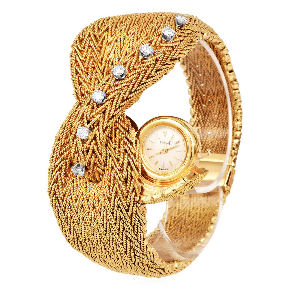 Retro Piaget Vintage Ladies Diamond 18K Yellow Gold Covered Mesh Watch For Sale