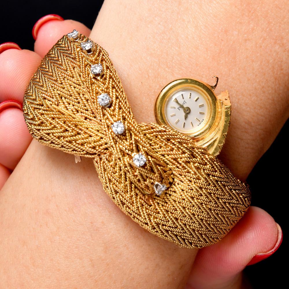 Piaget Vintage Ladies Diamond 18K Yellow Gold Covered Mesh Watch For Sale 3