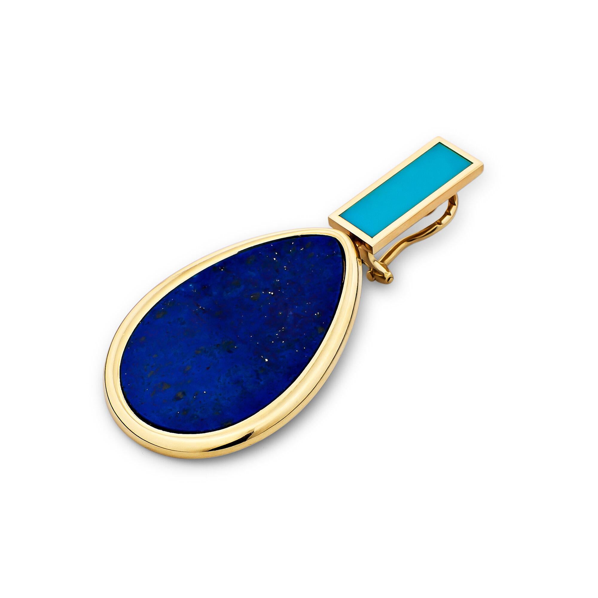 Packing a colorful punch of contrasting cool turquoise and electric blue lapis, these vintage Piaget gold drop earrings have a clean and modern spirit.  18 karat yellow gold.  2 1/8