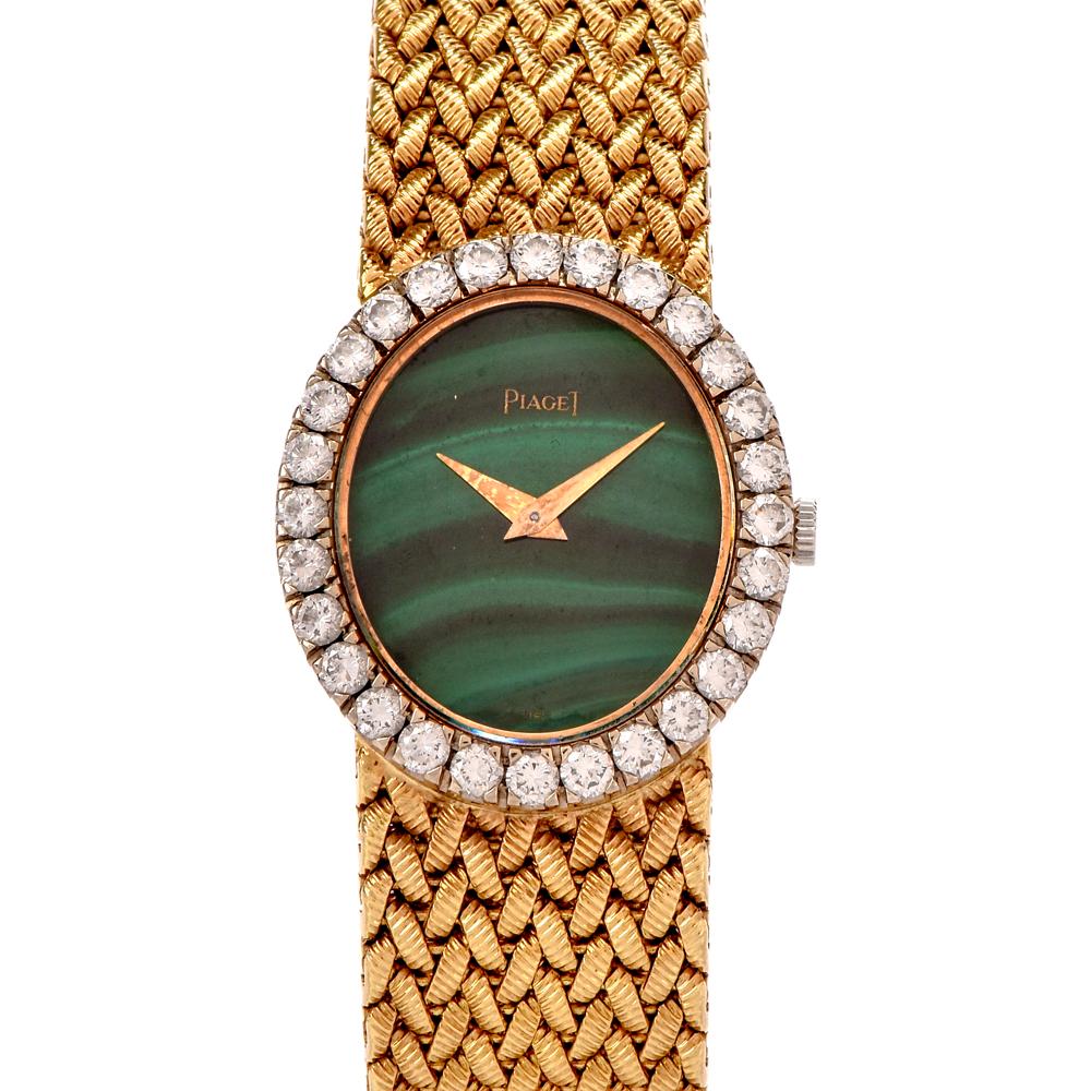 Piaget Vintage Malachite Dial Diamond Bezel 18 Karat Yellow Gold Ladies Watch