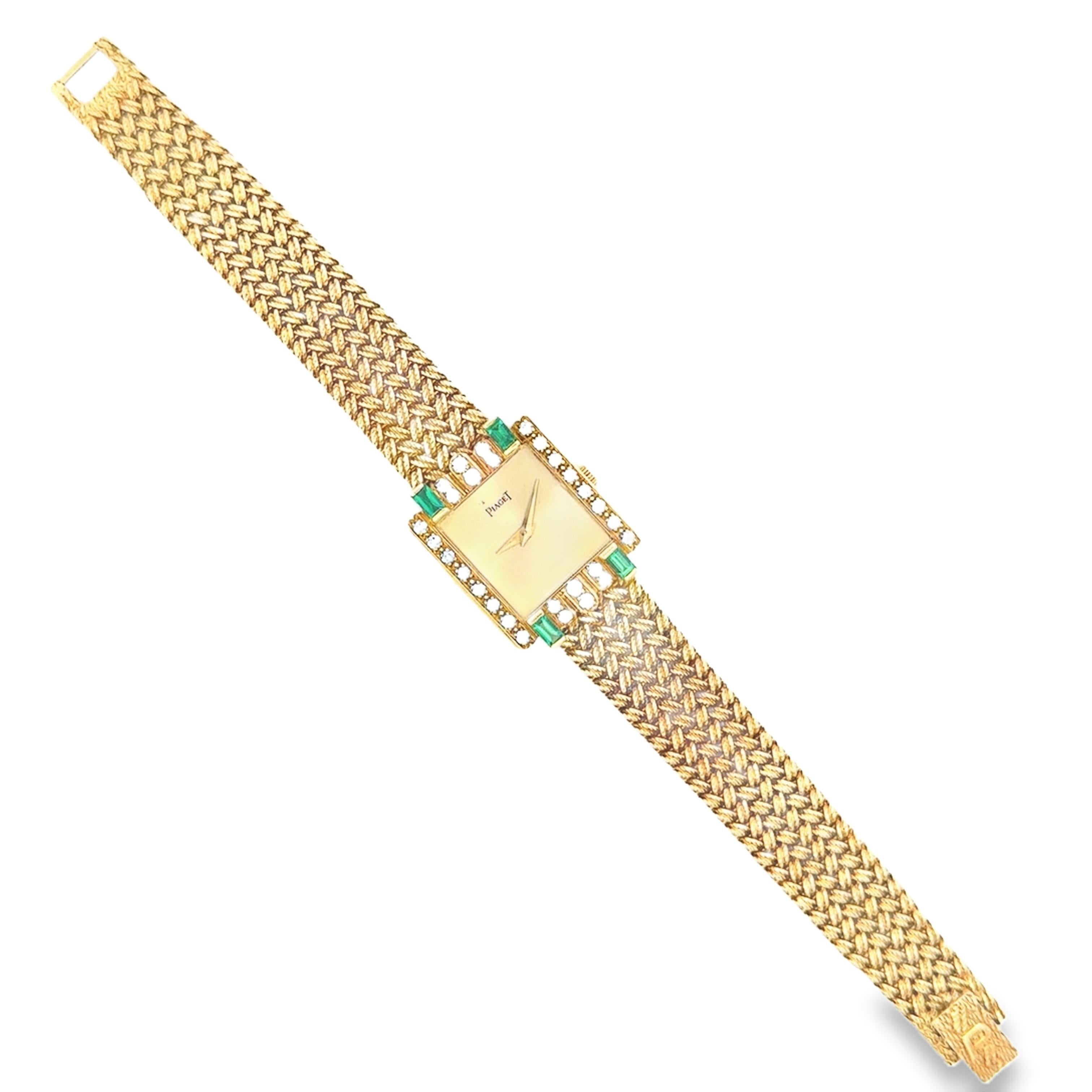 Contemporary Piaget Vintage Round Brilliant Cut Diamond & Emerald 18K Yellow Gold Watch For Sale