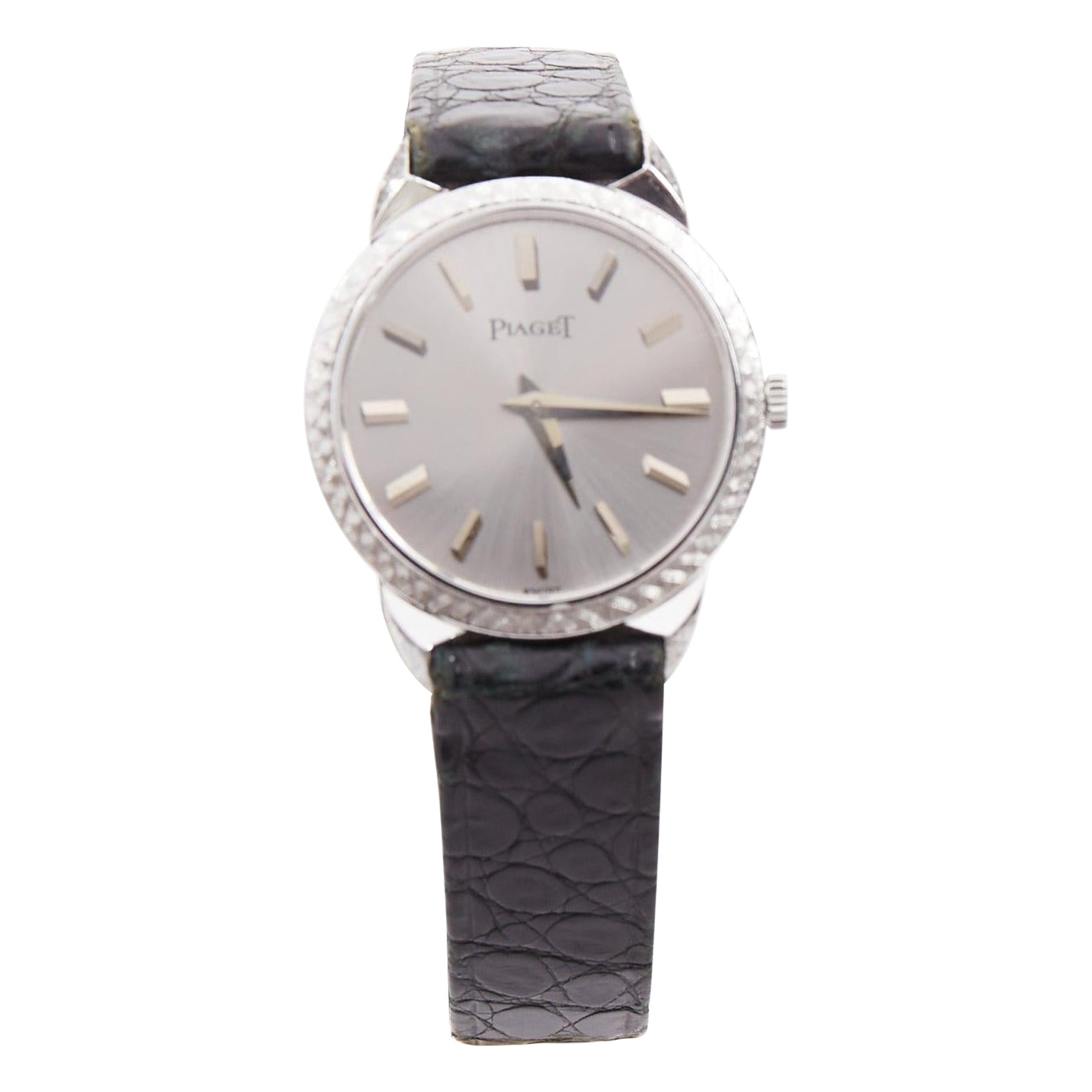 PIAGET Vintage Sunburst Possession silbernes Zifferblatt schwarz skaliertes Leder Logo Uhr im Angebot