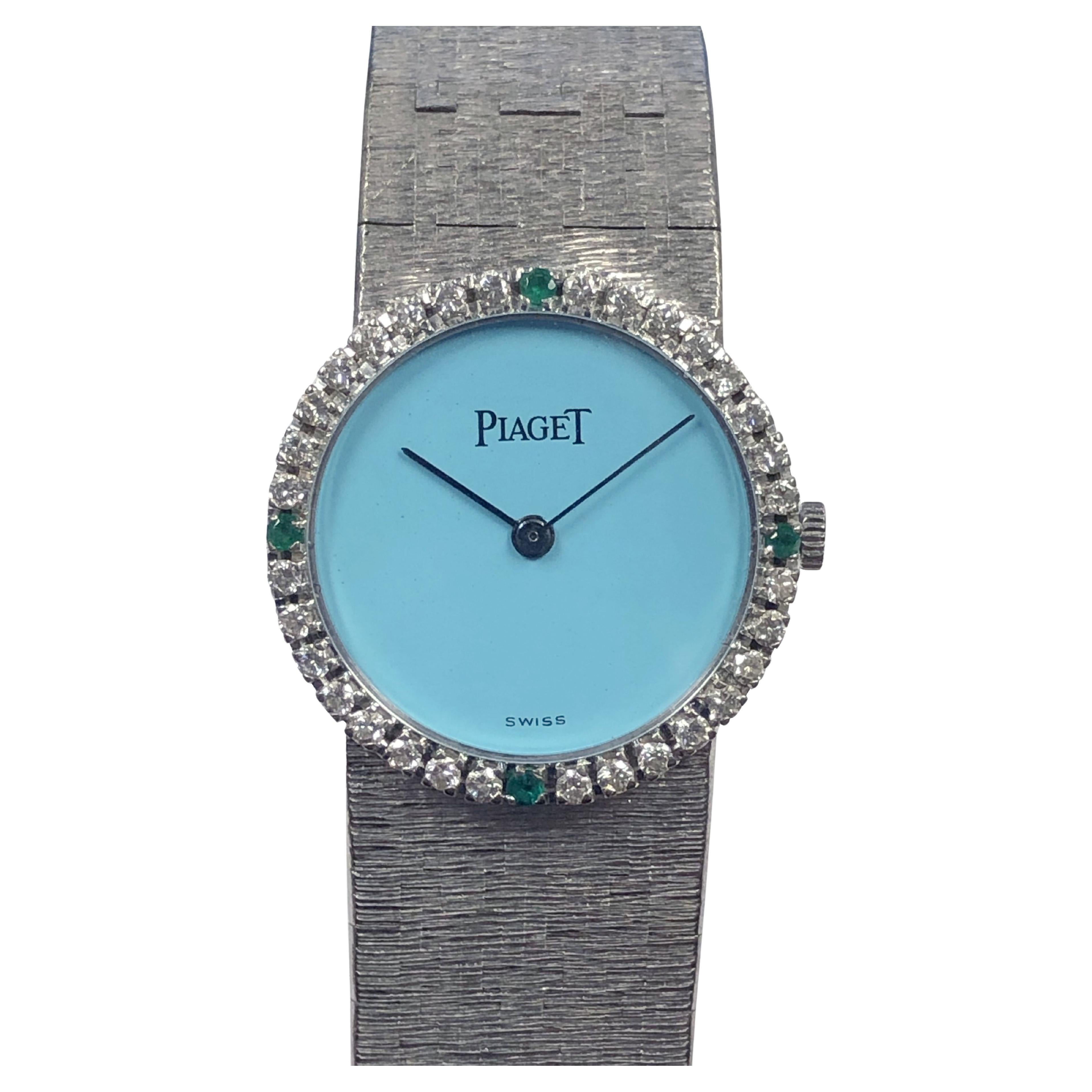 Piaget Vintage White Gold Turquoise Diamonds and Emeralds Wrist Watch For Sale