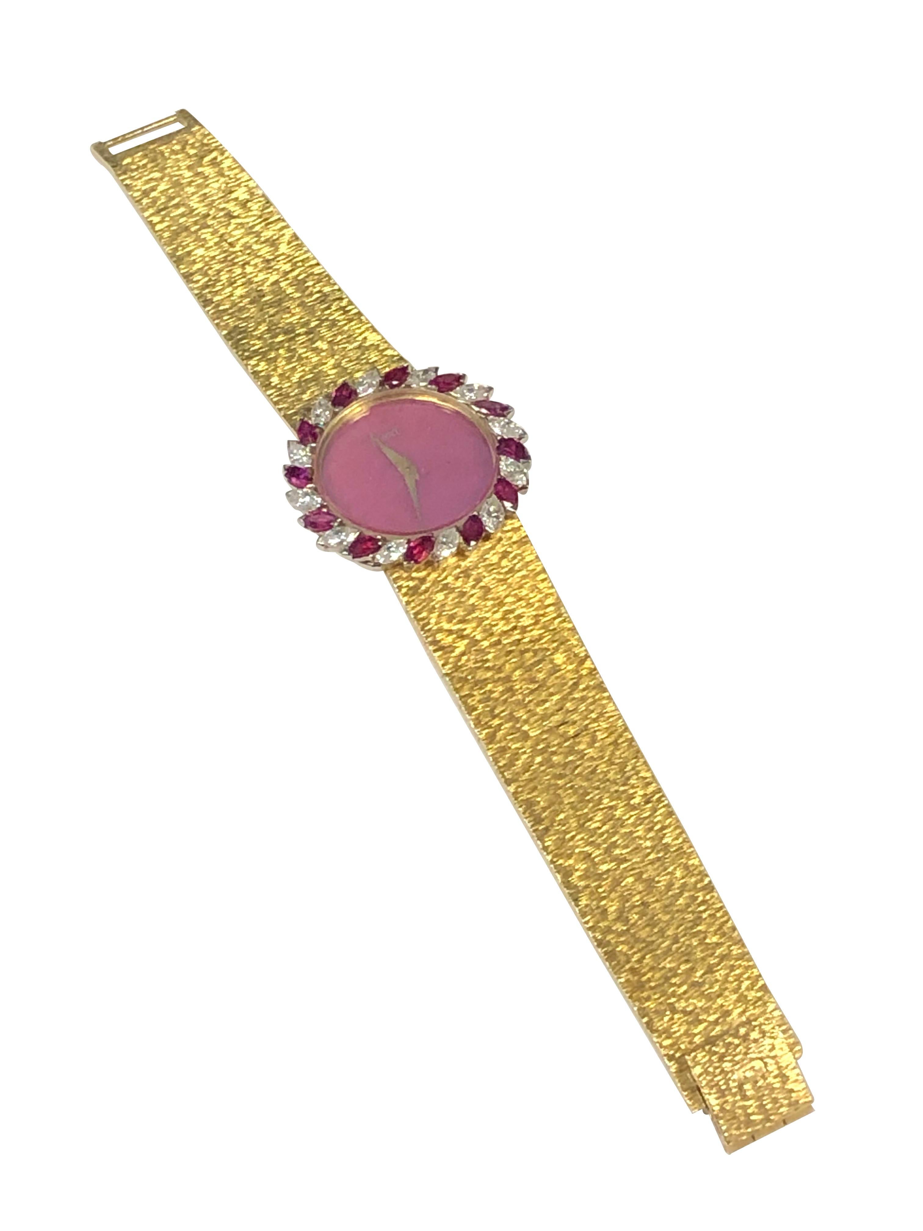 Piaget Vintage Yellow Gold Ruby Diamond and Rubelite Dial Wrist Watch In Excellent Condition In Chicago, IL