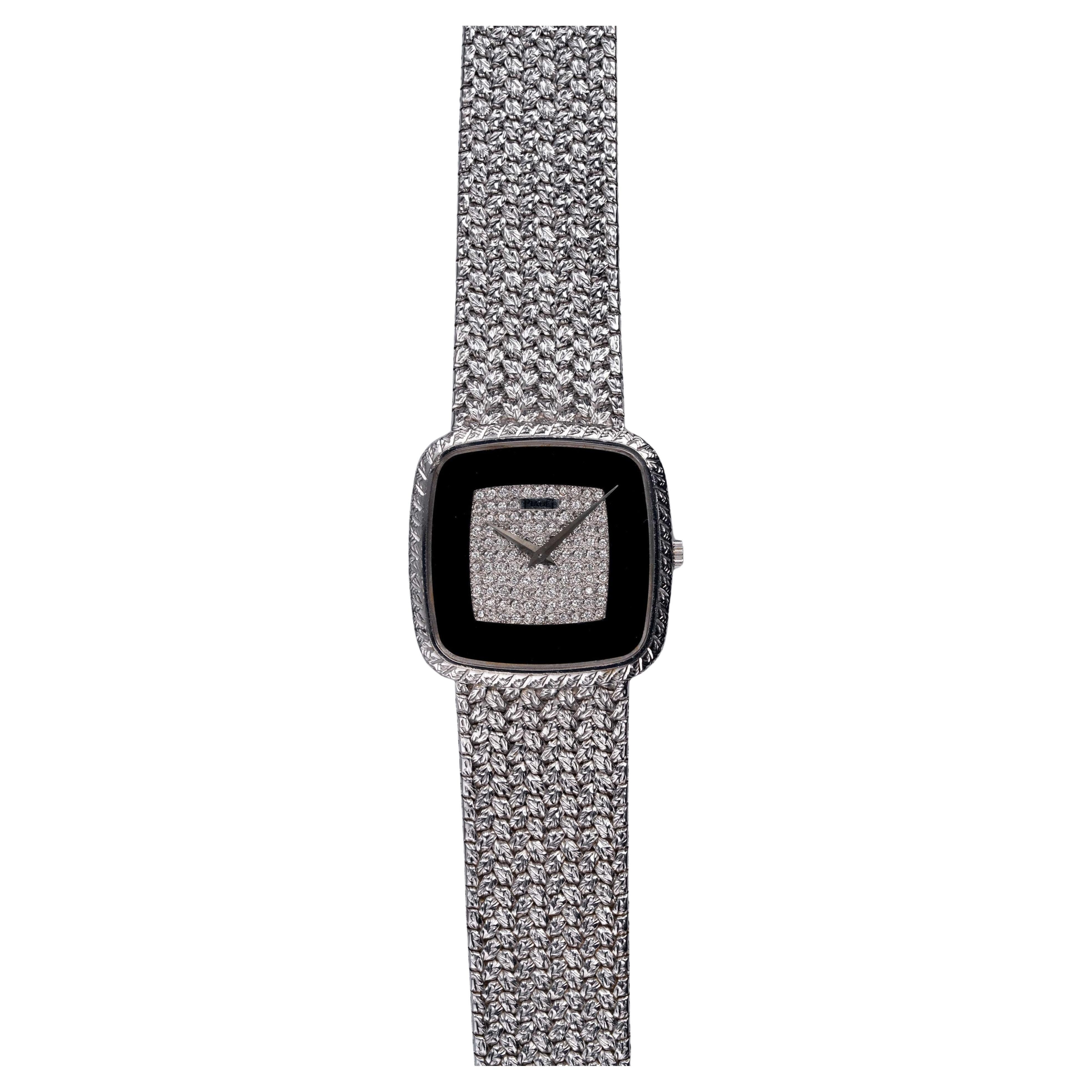 Piaget Watch with Onyx & Diamond in 18K White Gold, 1980s