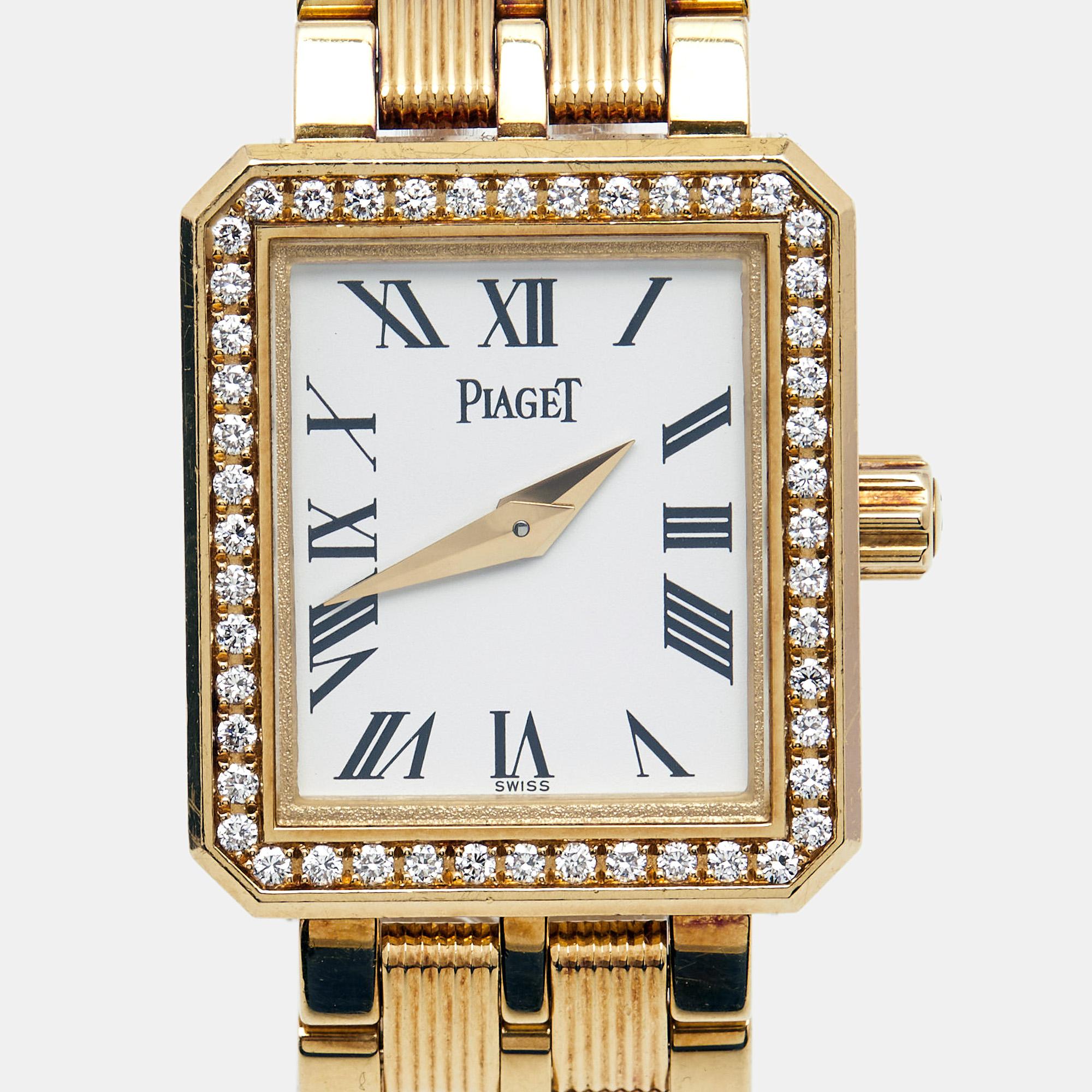 Elegant design, precise craftsmanship, and subtle aesthetics define this exquisite watch from the house of Piaget. The 18k yellow gold bracelet holds an elegant squarish case that features a bezel fitted with carefully placed diamonds all around.