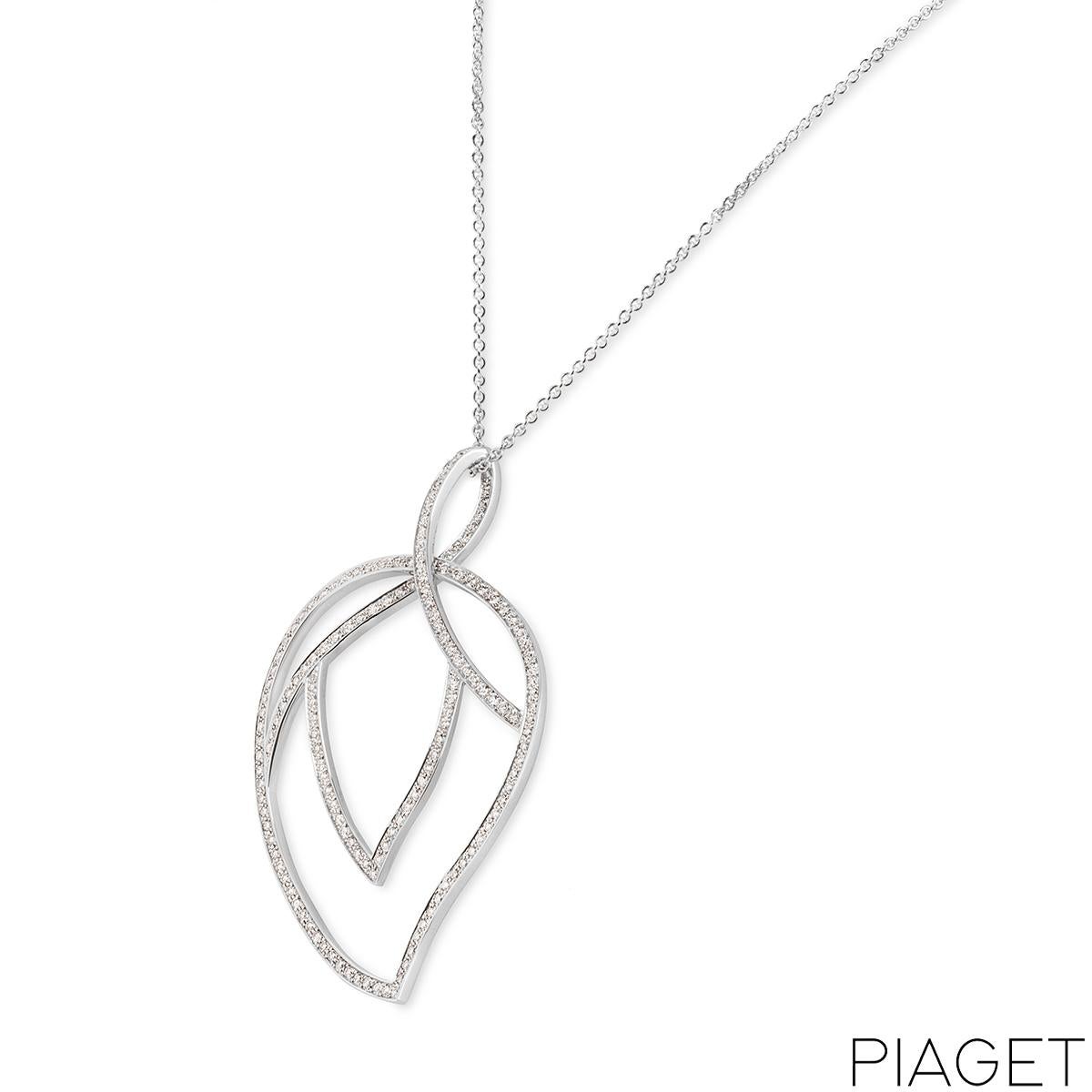 A mesmerizing 18k white gold diamond pendant by Piaget. The pendant features an openwork leaf motif adorned with 160 round brilliant cut diamonds. The pave set diamonds have an approximate total weight of 3.15ct, E-F colour and VS clarity. The
