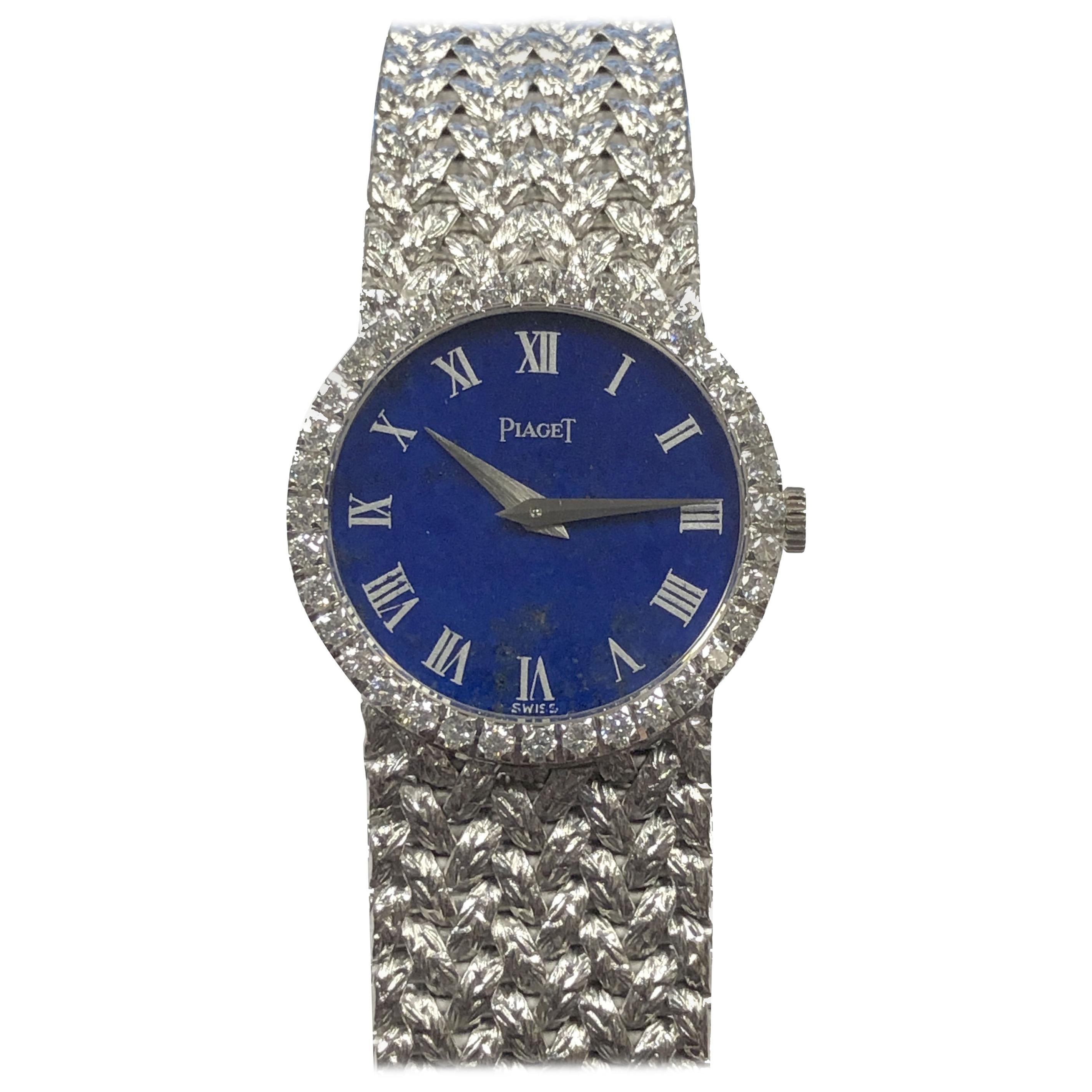 Montre-bracelet mécanique pour dames en or blanc, cadran en lapis et diamants Piaget en vente