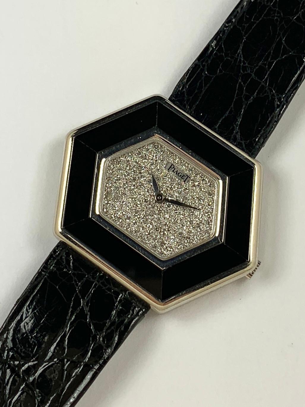 Piaget White Gold Onyx Pave Diamond Dial Manual Wind Wristwatch In Good Condition For Sale In New York, NY