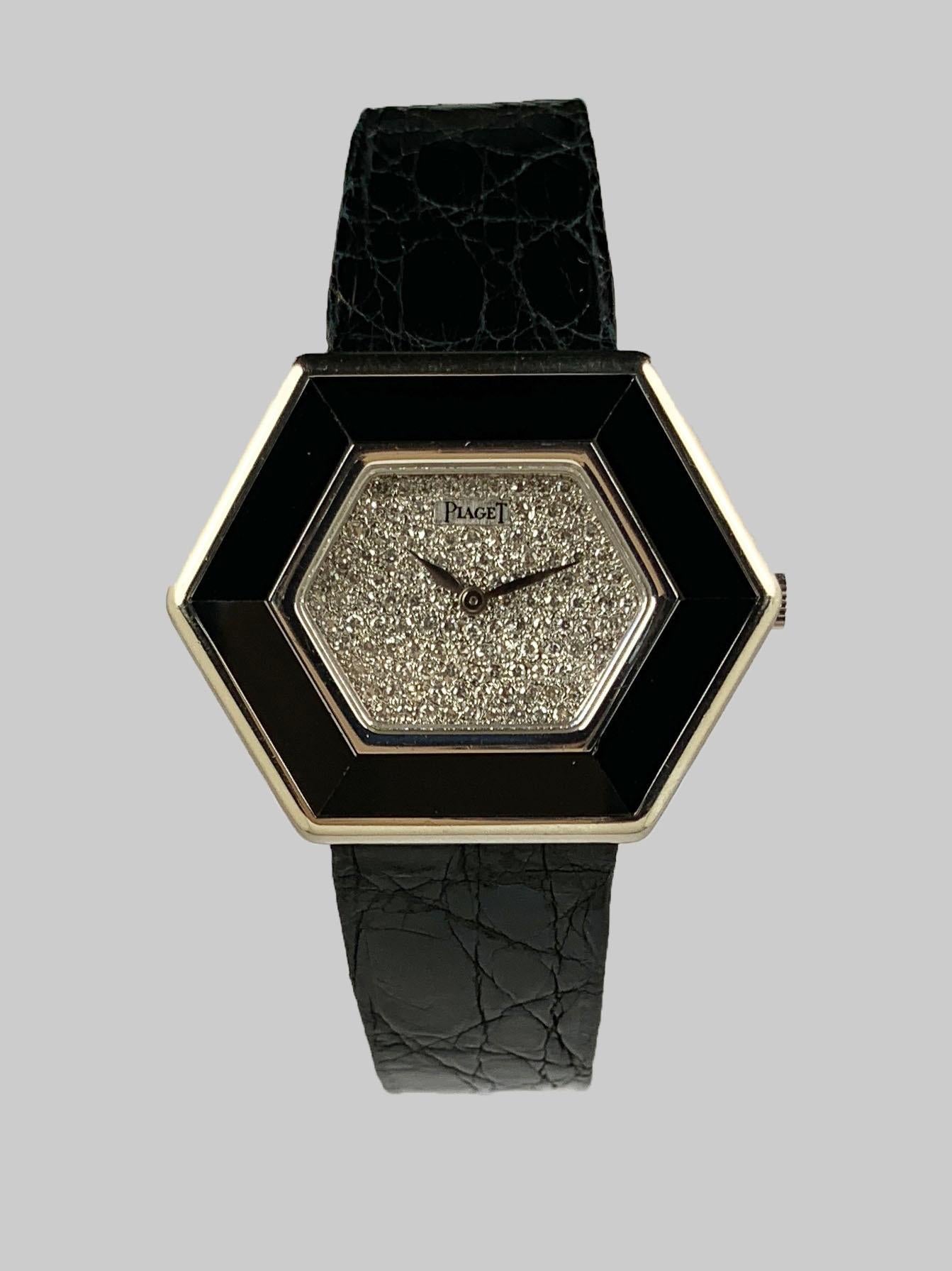 Women's or Men's Piaget White Gold Onyx Pave Diamond Dial Manual Wind Wristwatch For Sale