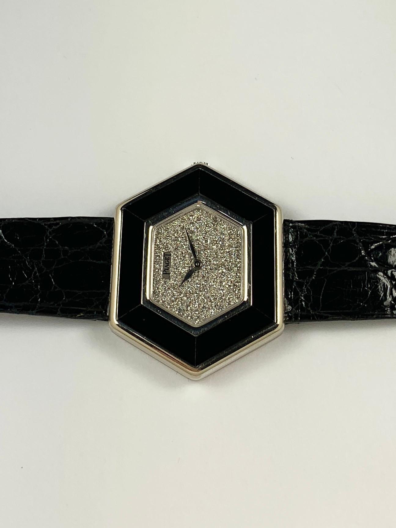 Piaget White Gold Onyx Pave Diamond Dial Manual Wind Wristwatch For Sale 1