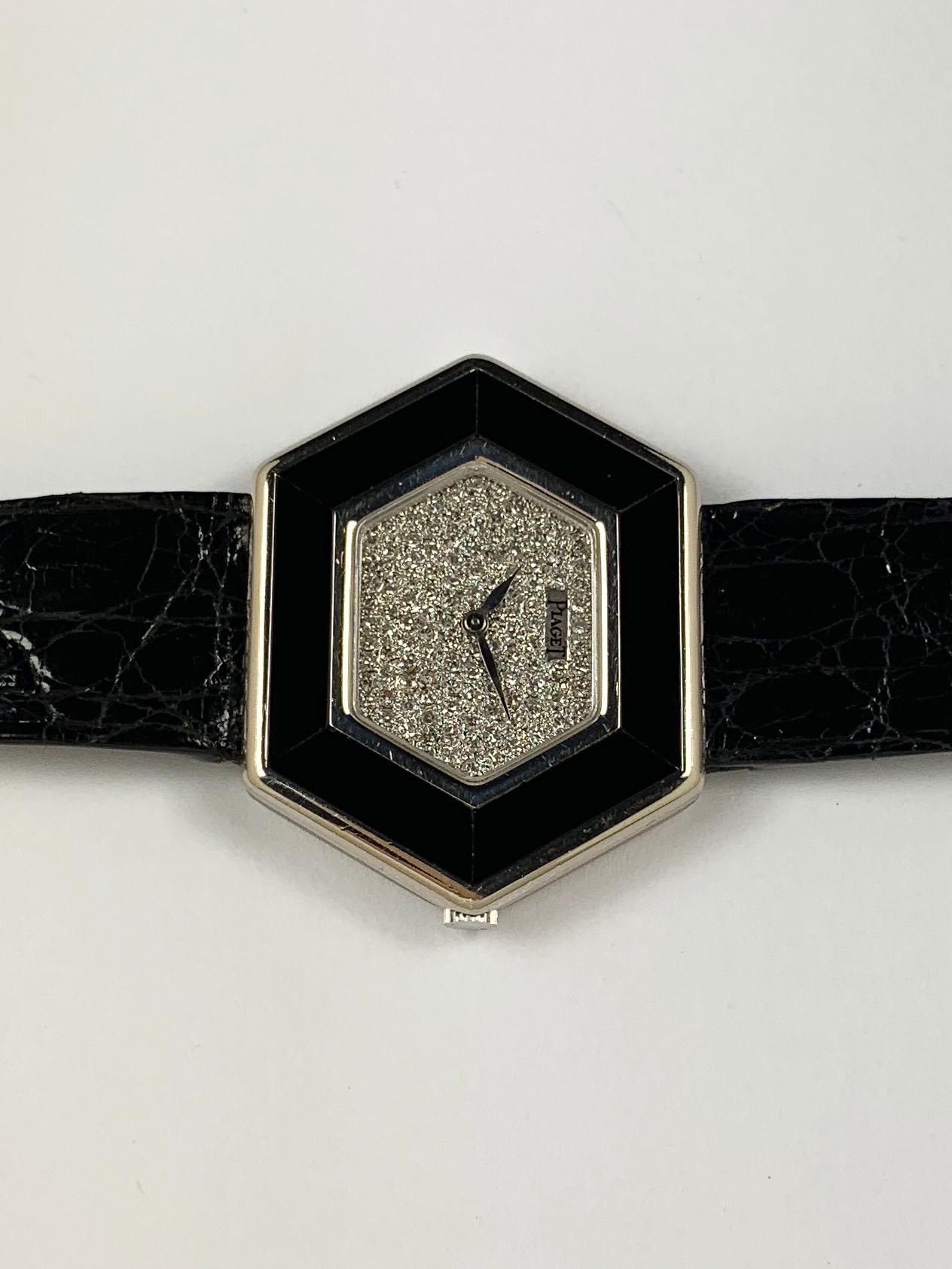 Piaget White Gold Onyx Pave Diamond Dial Manual Wind Wristwatch For Sale 2