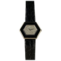 Vintage Piaget White Gold Onyx Pave Diamond Dial Manual Wind Wristwatch