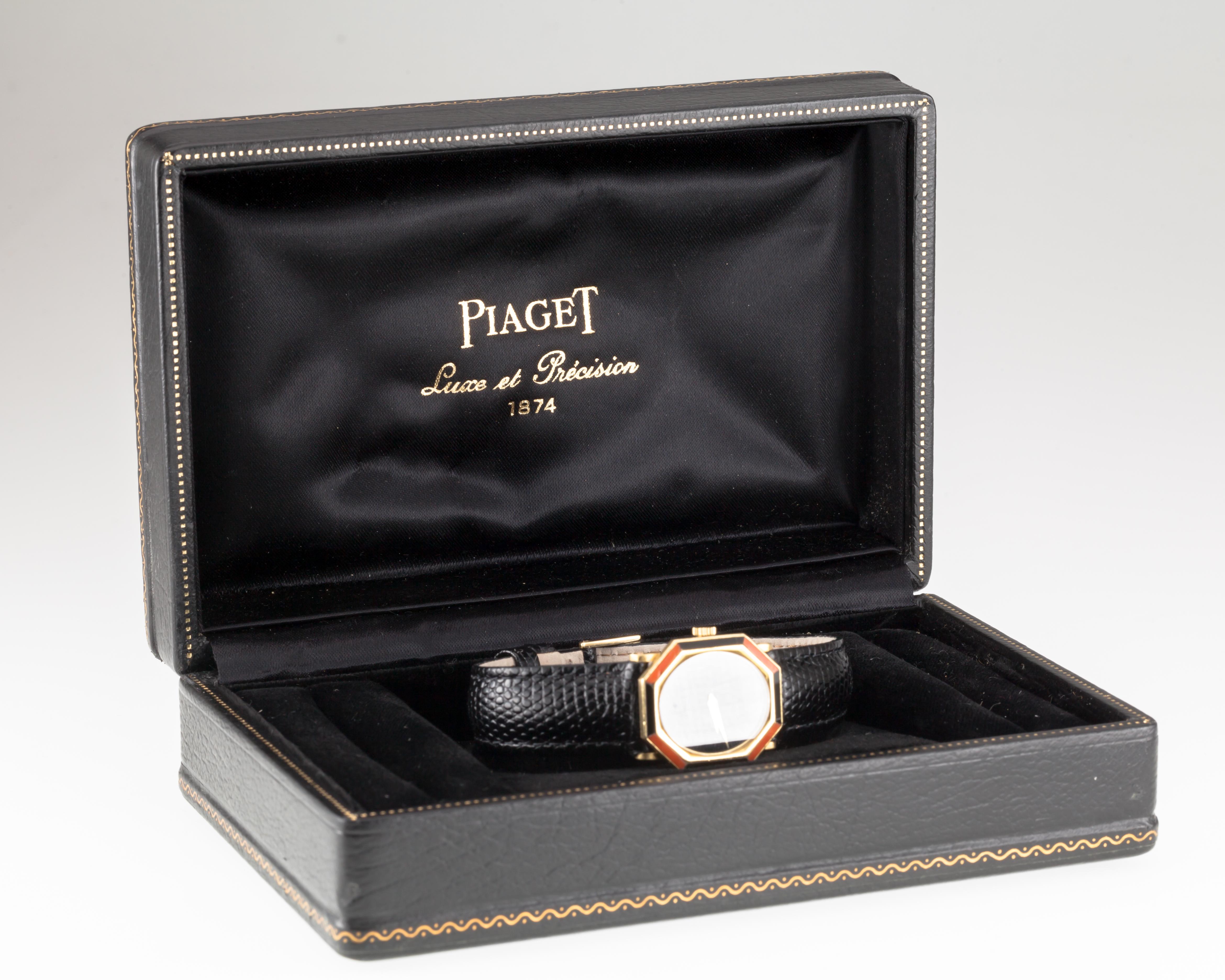 Piaget Women's 18k Yellow Gold Onyx & Coral Women's Mechanical Watch 9341 W/ Box In Good Condition In Sherman Oaks, CA