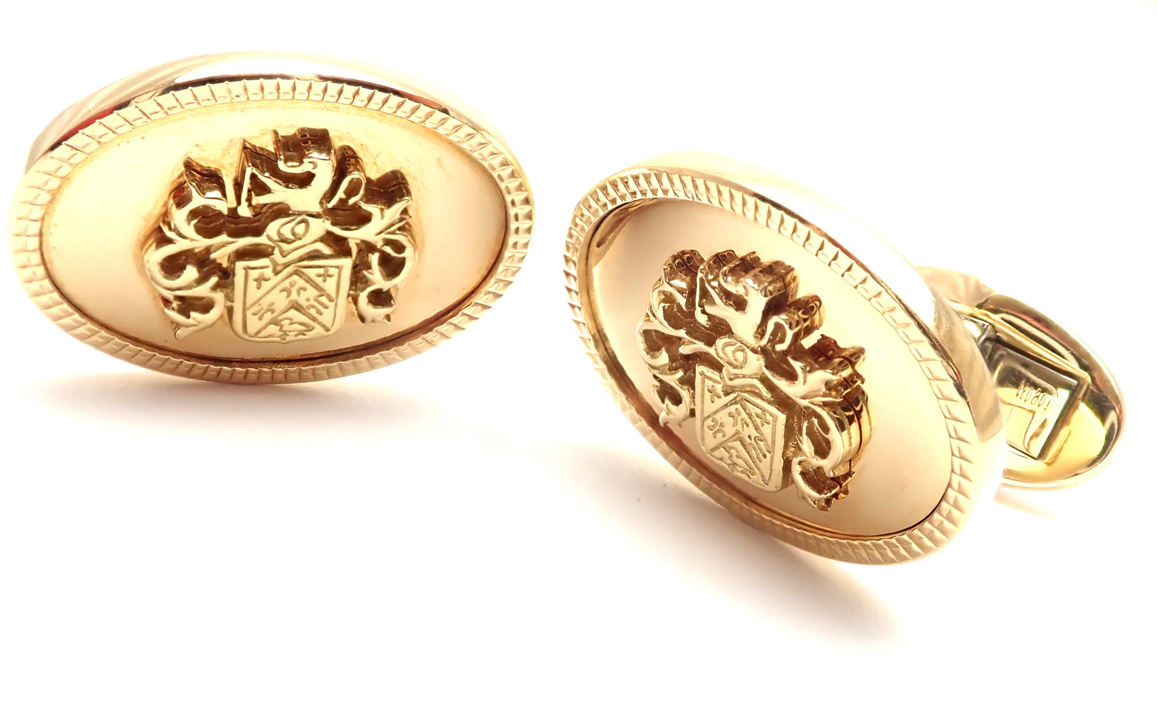 18k Yellow Gold Cufflinks by  Piaget. 
Details: 
Measurements: 21mm x 16mm
Weight: 22.4 grams
Stamped Hallmarks: Piaget 750 A06083
*Free Shipping within the United States*
YOUR PRICE: $2,950
T2161mmld