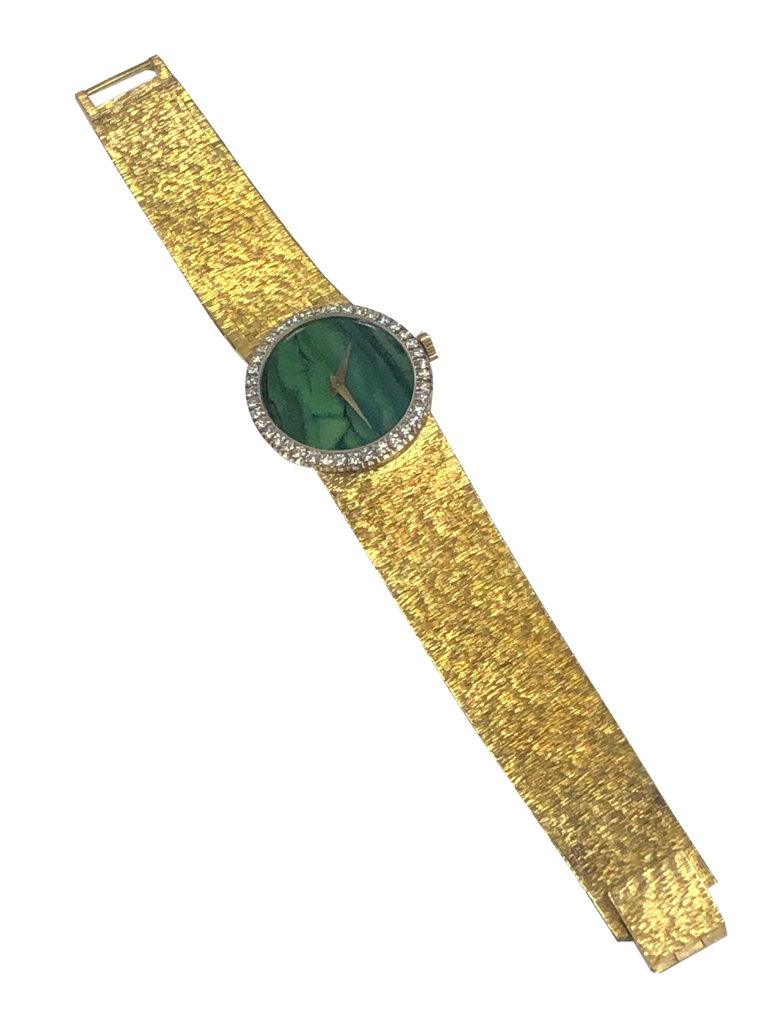 Round Cut Piaget Yellow Gold Diamond and Jade Dial Ladies Wrist Watch