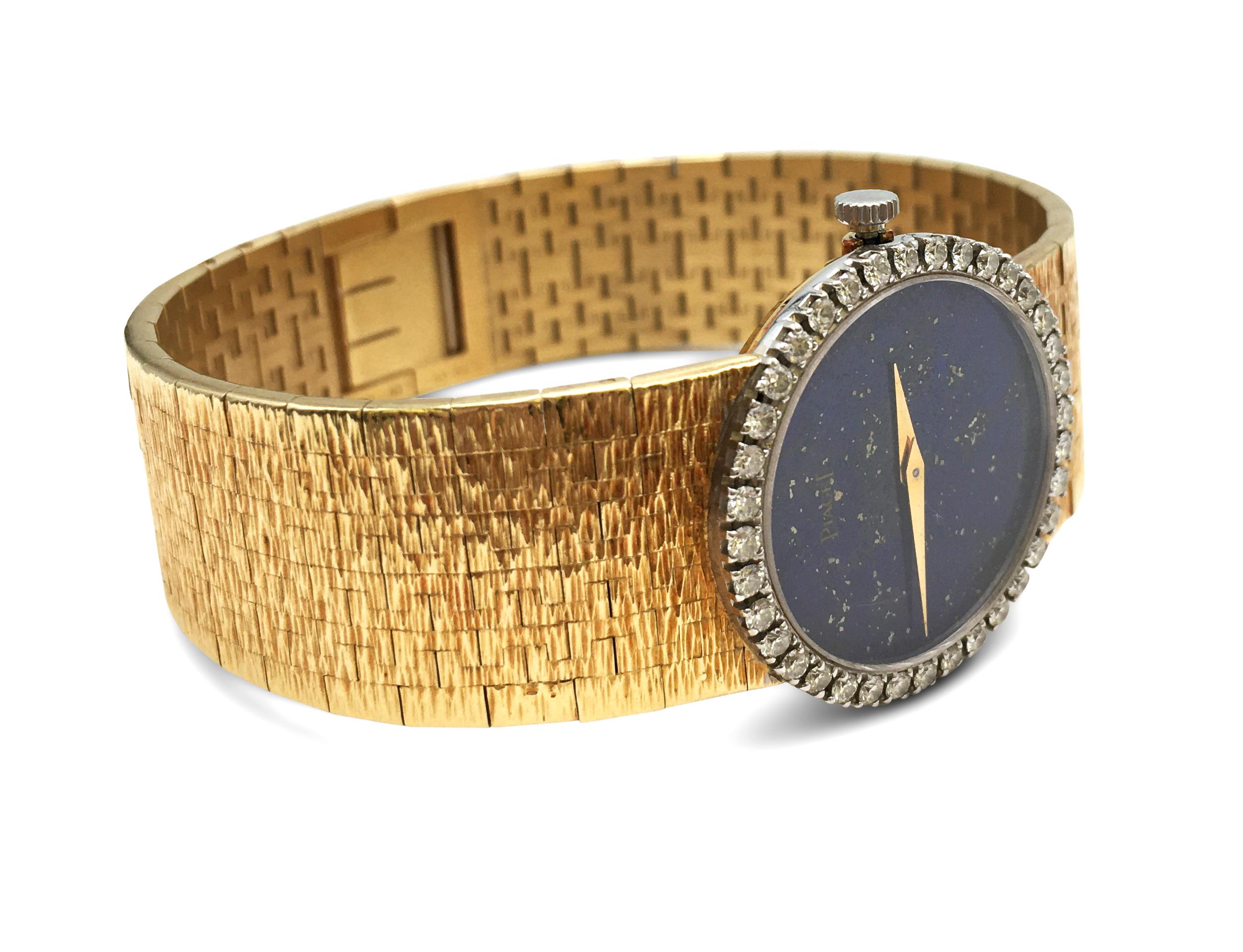 Round Cut Piaget Yellow Gold Diamond and Lapis Dial Watch