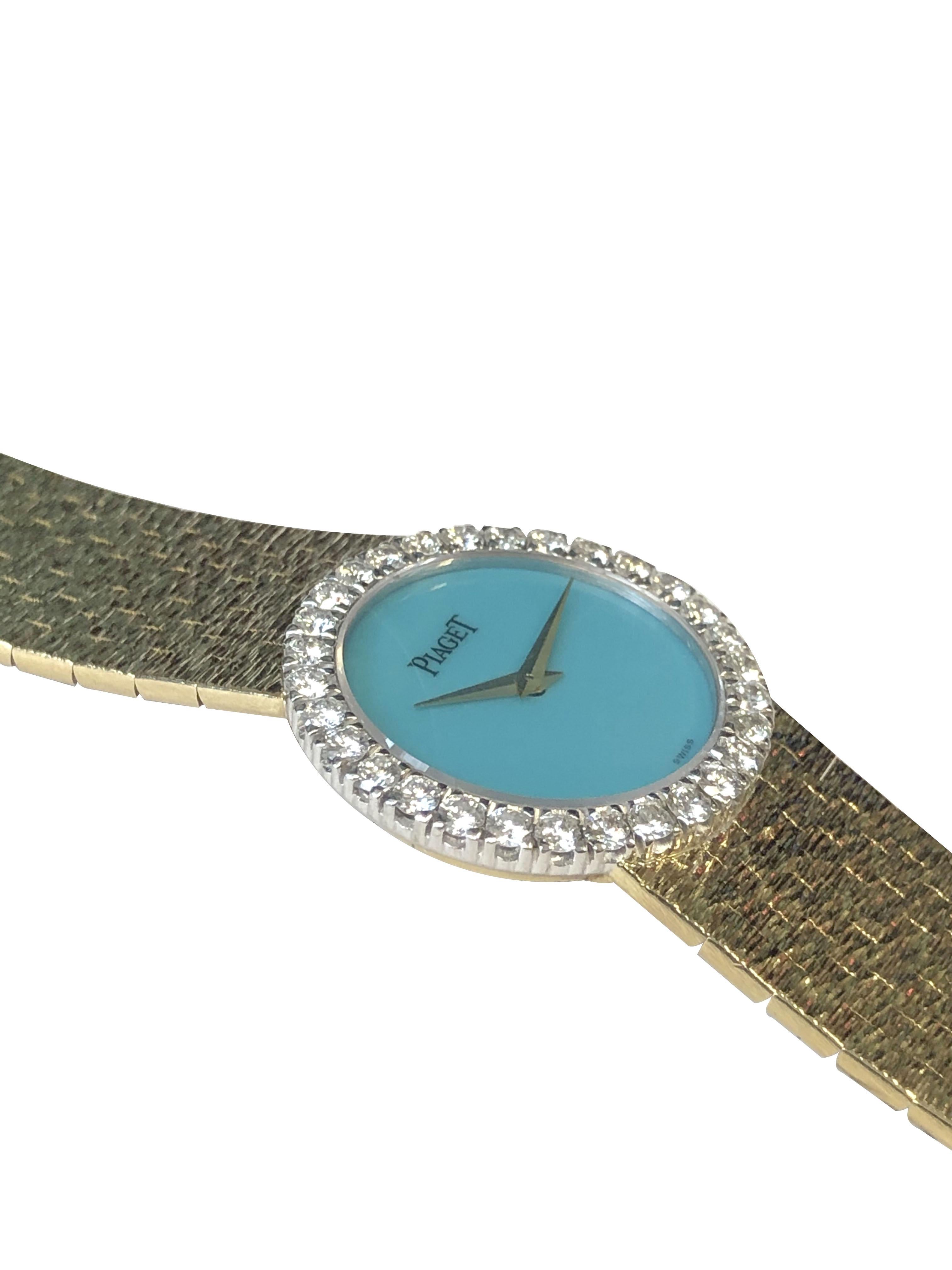 Round Cut Piaget Yellow Gold Diamond and Turquoise Stone Dial Mechanical Wristwatch