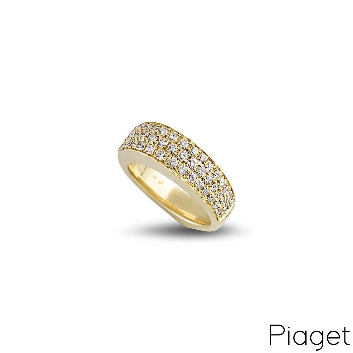 An 18k yellow gold diamond set folium shaped dress ring by Piaget. The ring is set to the front with 59 round brilliant cut diamonds along 3 horizontal rows, totalling approximately 1.50ct. The ring is domed at the front and pointed at the back and