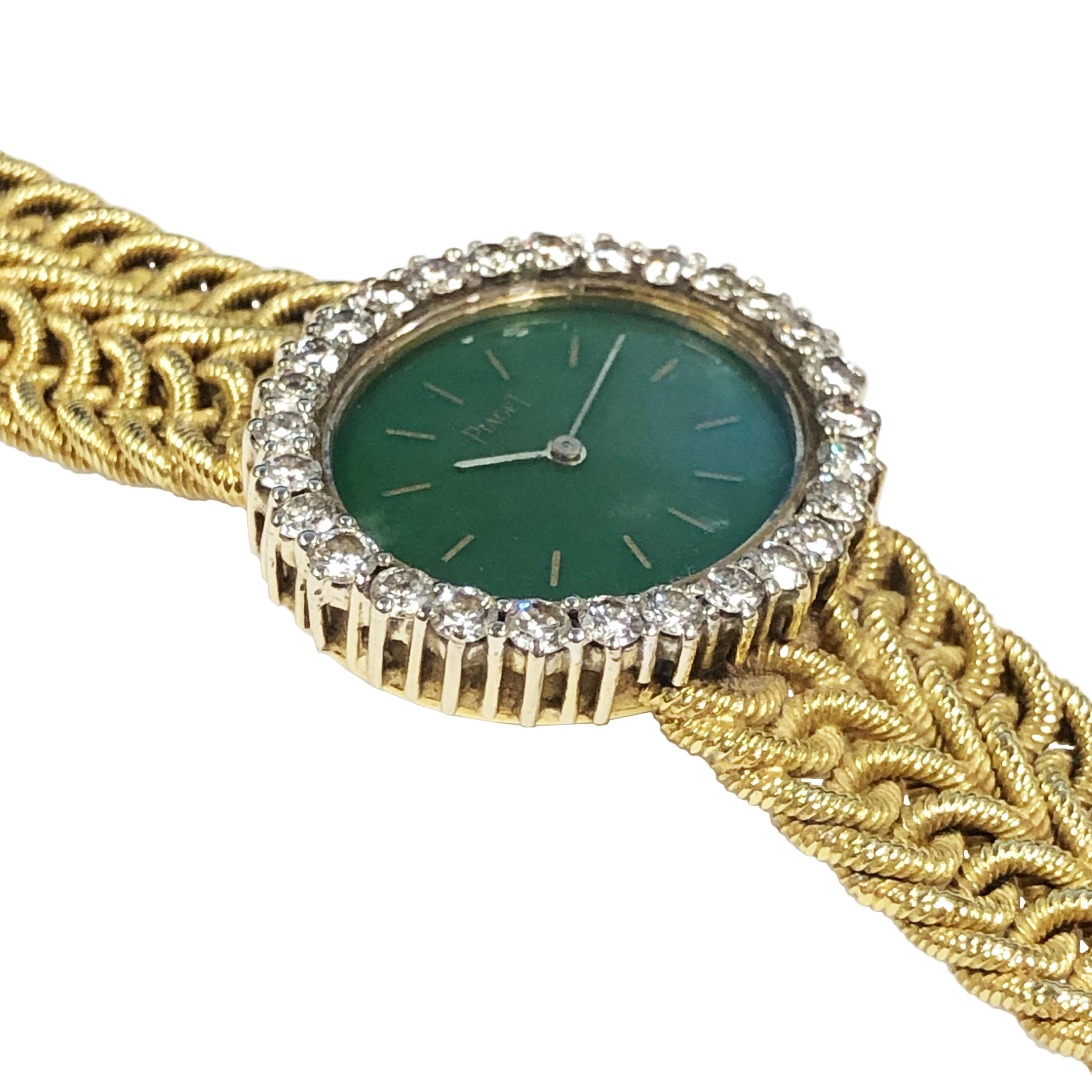 Round Cut Piaget Yellow Gold Jadite Dial and Diamonds Ladies Wrist Watch