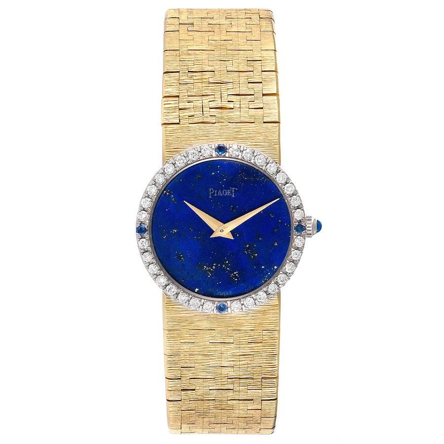 Piaget Yellow Gold Lapiz Dial Diamond Sapphire Vintage Cocktail Watch 9706. Manual winding movement. 18k yellow gold case 24.0 mm in diameter. Original Piaget factory diamond and sapphire bezel. Mineral glass crystal. Lapis Lazuli dial with gold