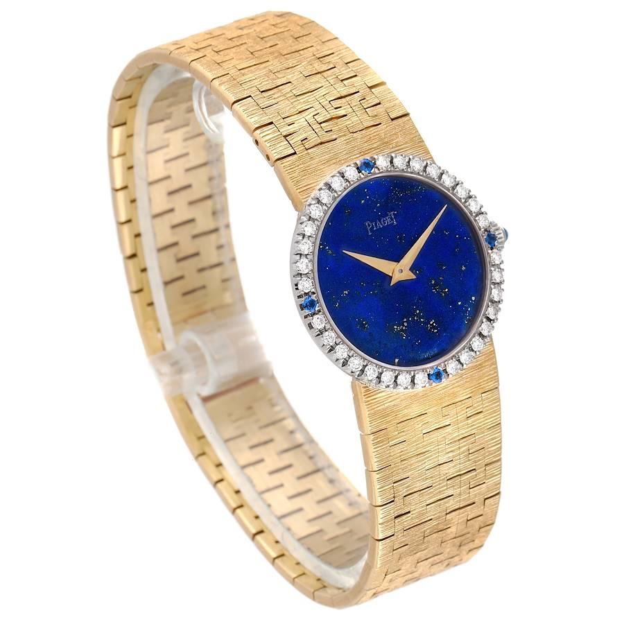 Piaget Yellow Gold Lapiz Dial Diamond Sapphire Vintage Cocktail Watch 9706 In Excellent Condition In Atlanta, GA