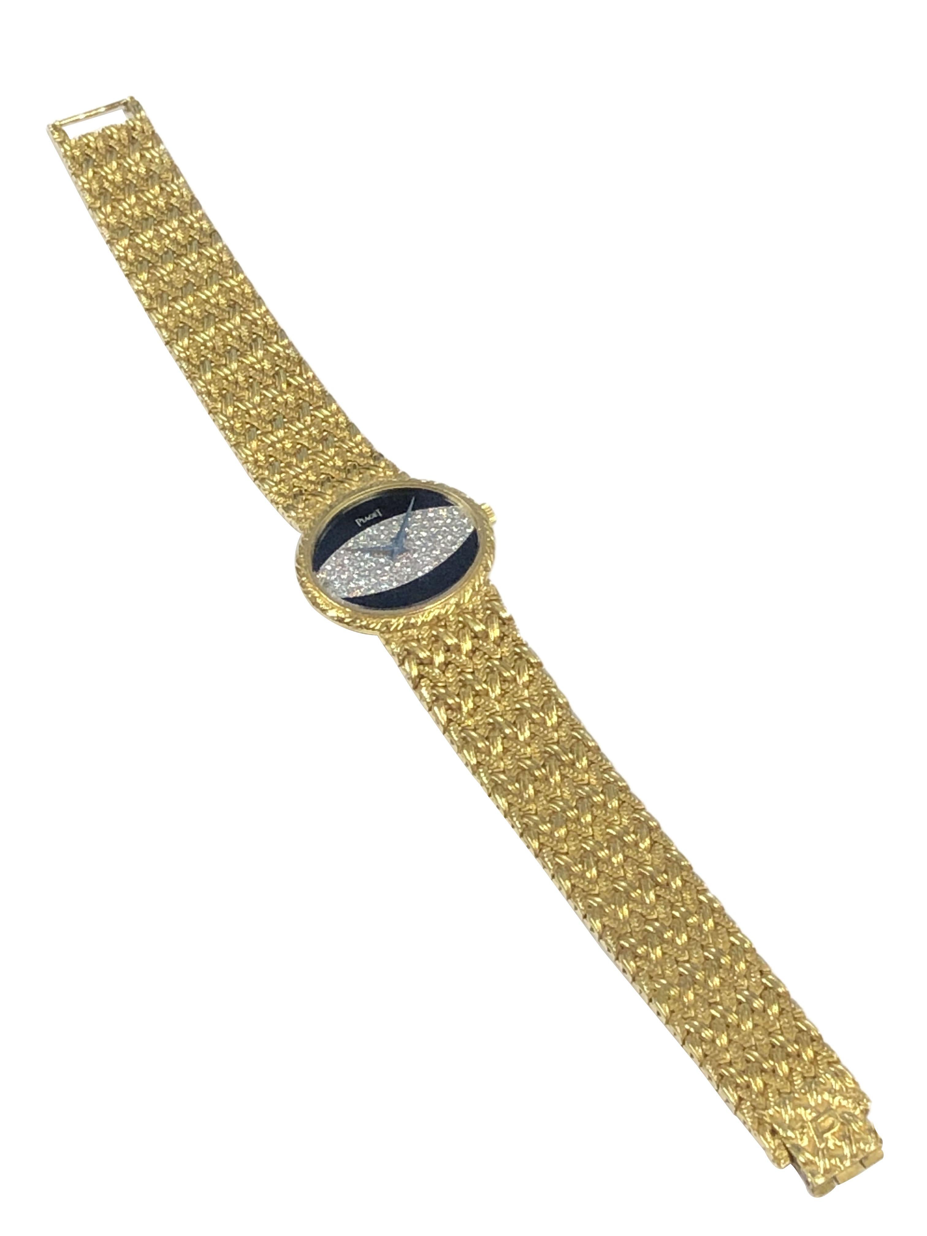 Round Cut Piaget Yellow Gold Onyx and Diamond Dial Ladies Mechanical Wrist Watch For Sale