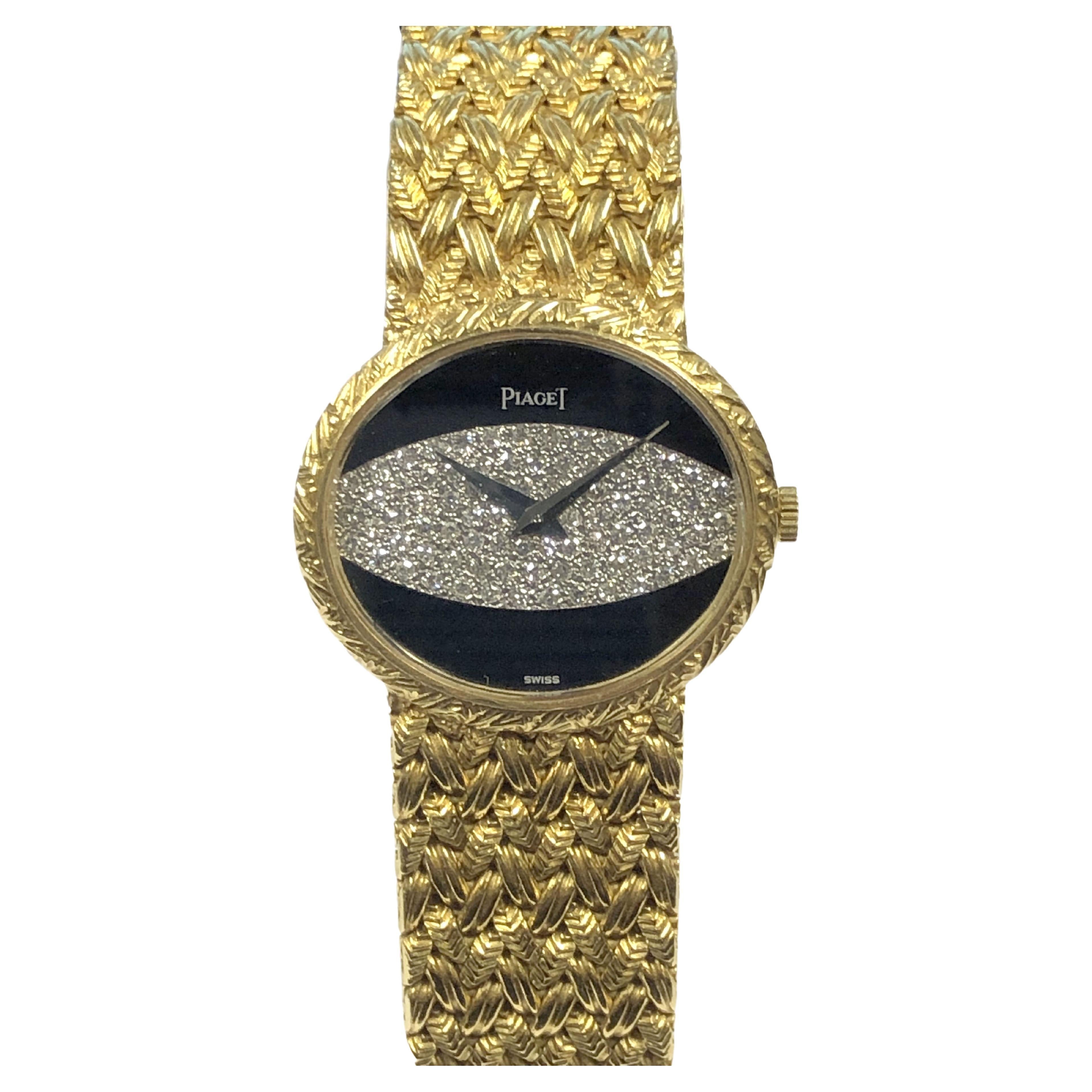 Piaget Yellow Gold Onyx and Diamond Dial Ladies Mechanical Wrist Watch For Sale