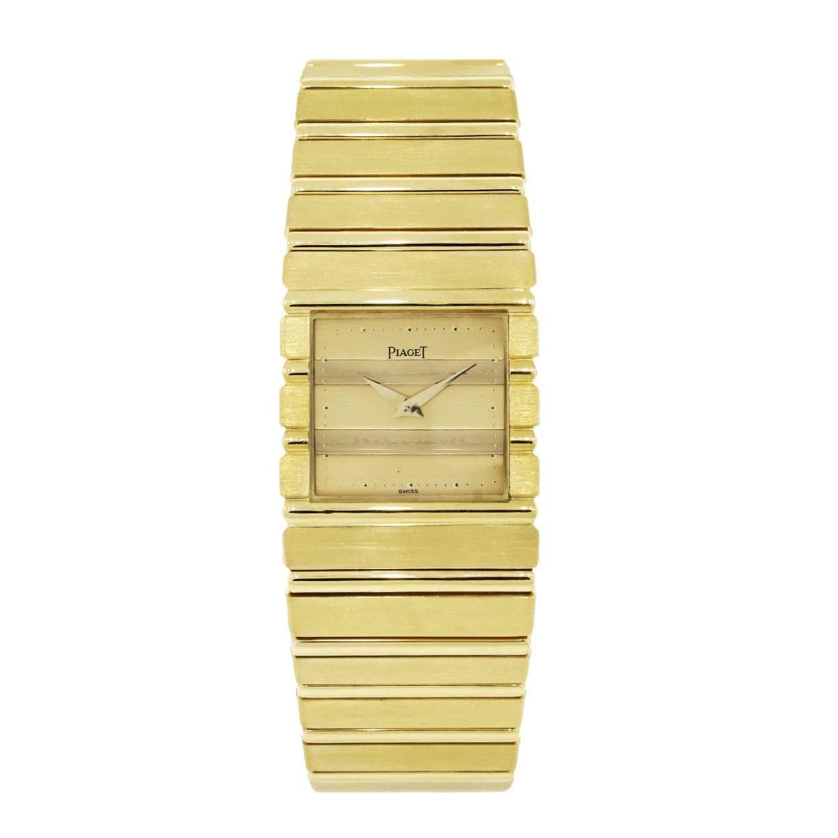 Designer: Piaget
Model: Polo
MPN: 7131
Case Material: 18k yellow gold
Case Diameter: 25mm
Bracelet: 18k yellow gold
Dial: Gold dial
Crystal: Scratch Resistant Sapphire
Clasp: Jewelers’ clasp
Movement: Quartz
Size: Will fit a 7.25″ wrist
Additional