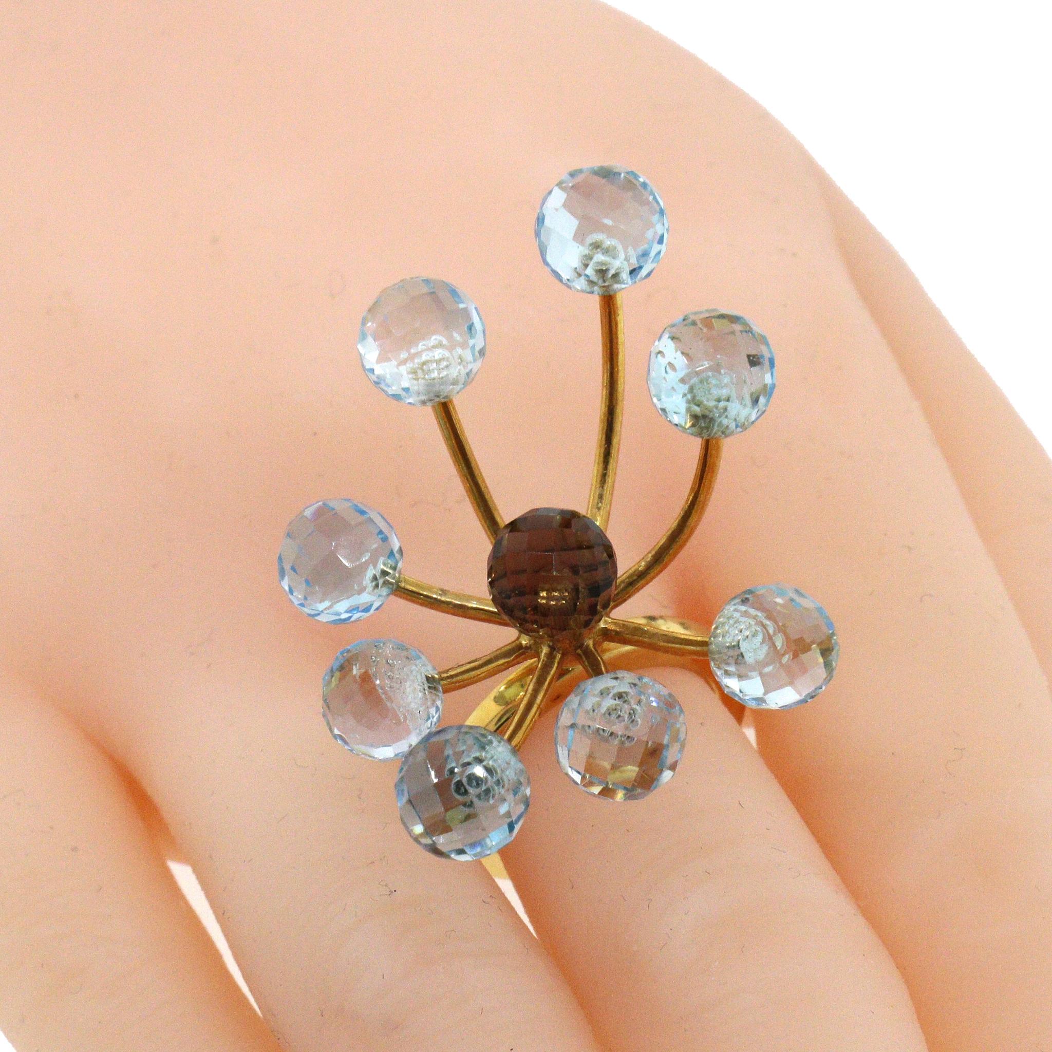 Atmosphere Collection
18k Yellow Gold
Ring Size: 6.25
small orbit of 8 sphere-shaped Blue Topaz surrounding a single sphere of brown Quartz
Total Weight 7.82 grams