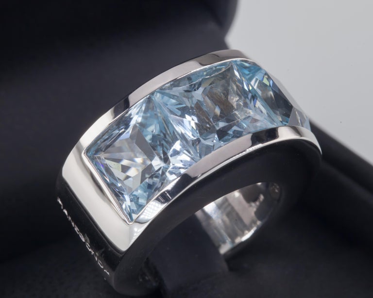 Bague Vintage Pianegonda énorme - 3 Topazes Bleues Taille Princesse - Argent 925 - Taille 53
