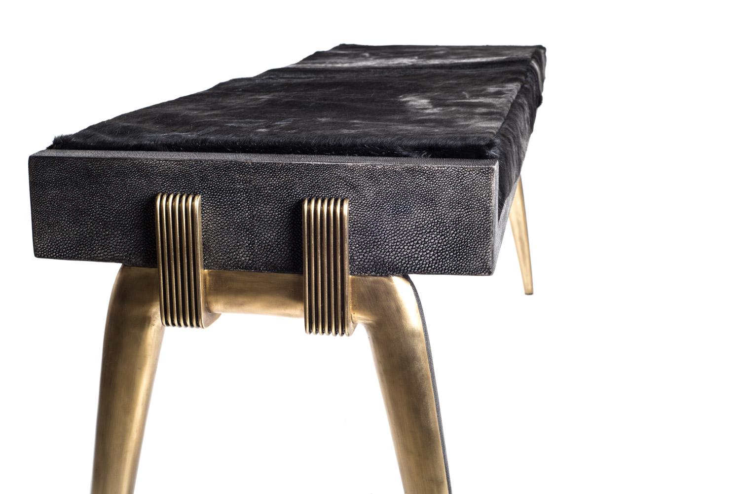 Art Deco Pianist Bench in Coal Black Shagreen and Bronze-Patina Brass by R&Y Augousti For Sale