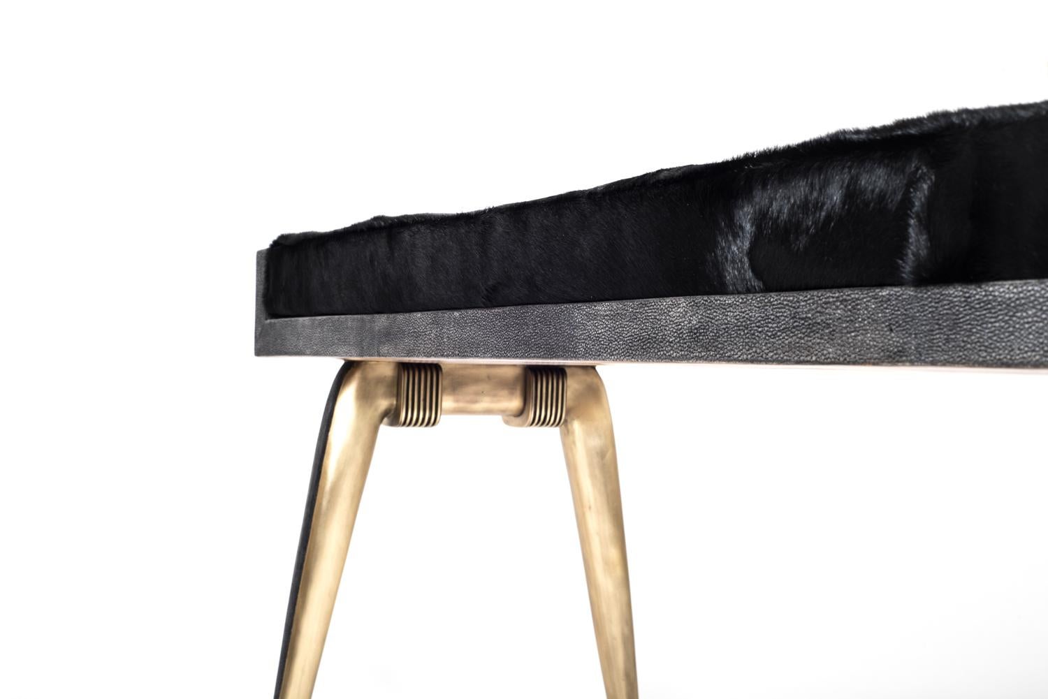 French Pianist Bench in Coal Black Shagreen and Bronze-Patina Brass by R&Y Augousti For Sale