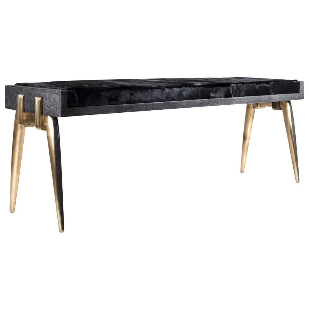 Pianist Bench in Coal Black Shagreen and Bronze-Patina Brass by R&Y Augousti For Sale