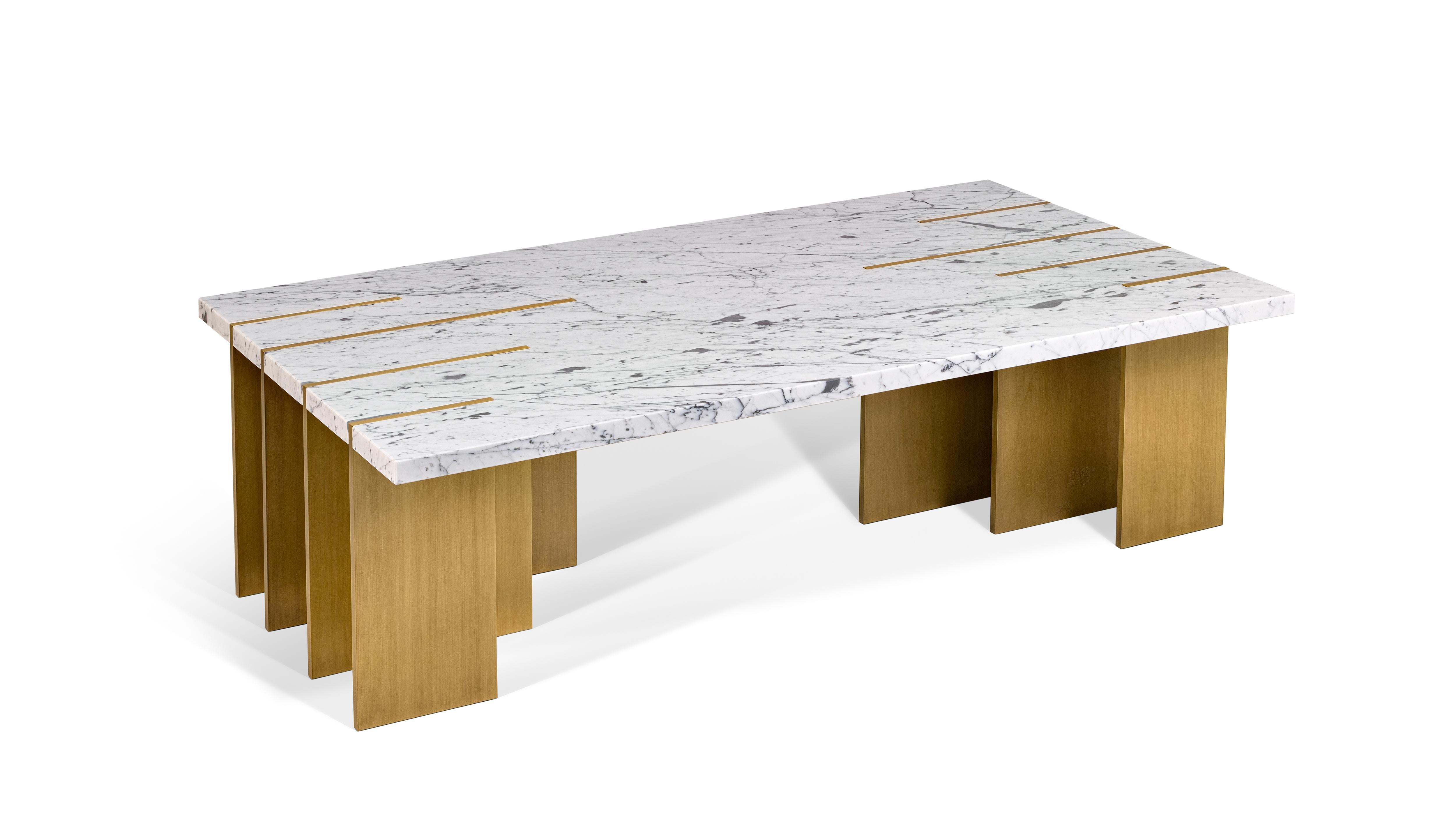 Pianist Carrara Marble Coffee Table by InsidherLand
Dimensions: D 75 x W 130 x H 38 cm.
Materials: Carrara marble, oxidized brushed brass.
115 kg.
Other marbles are available.

The Pianist coffee table, doesn't represent the piano but the hands of