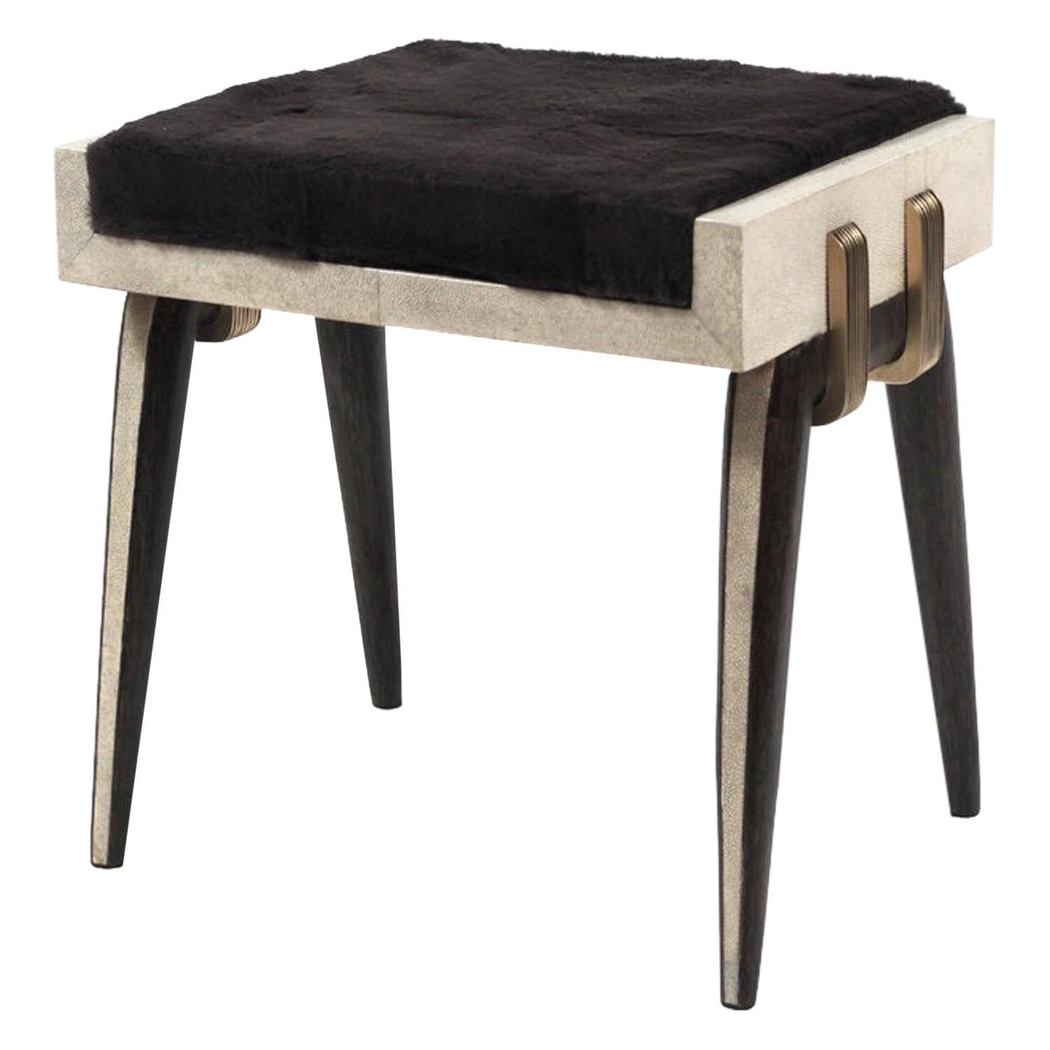 Pianist Stool in Cream Shagreen, Palm Wood & Bronze-Patina Brass by R&Y Augousti For Sale