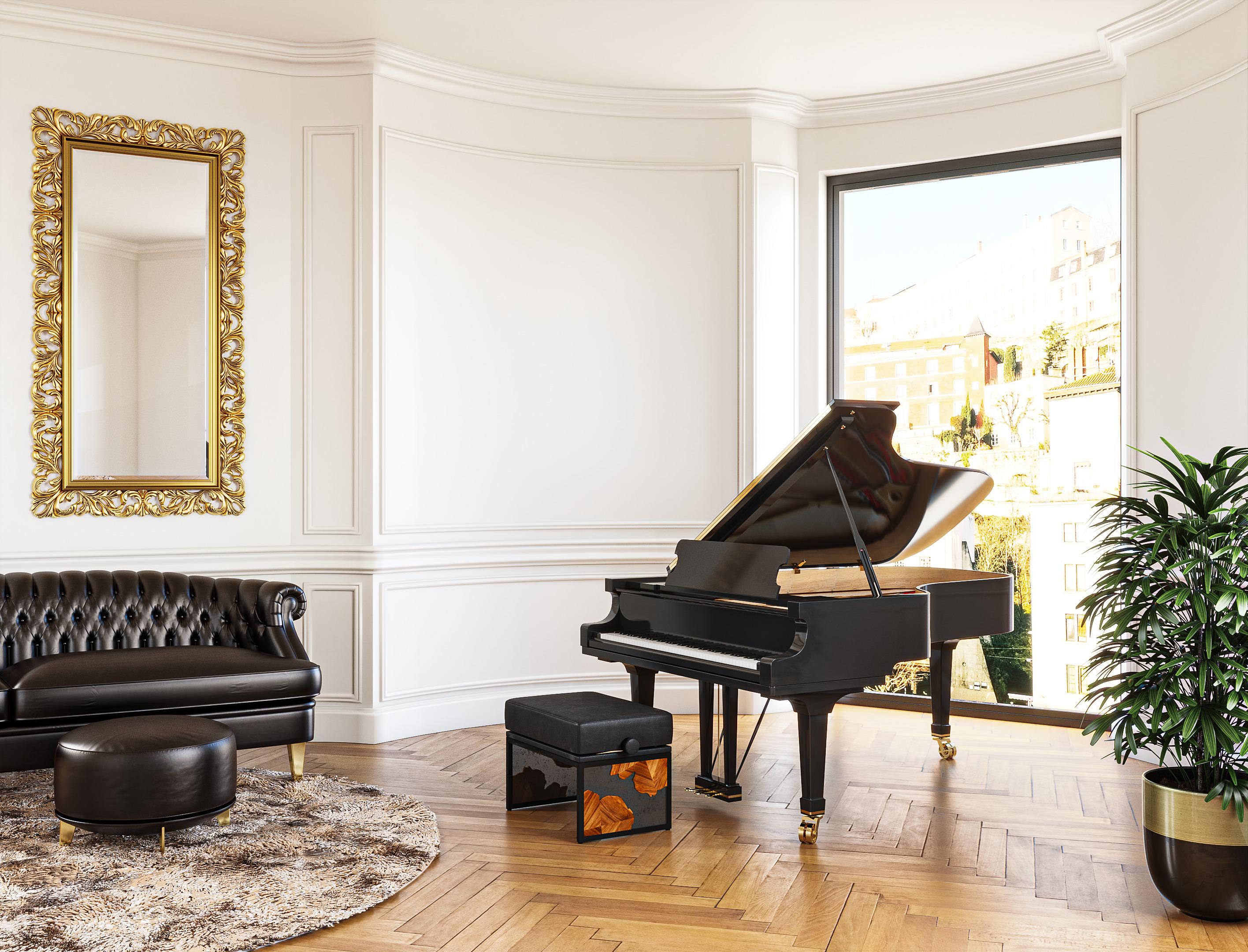 XXIe siècle et contemporain Banc de piano réglable en bois d'olivier, résine époxi et plaqué nickel noir. en vente