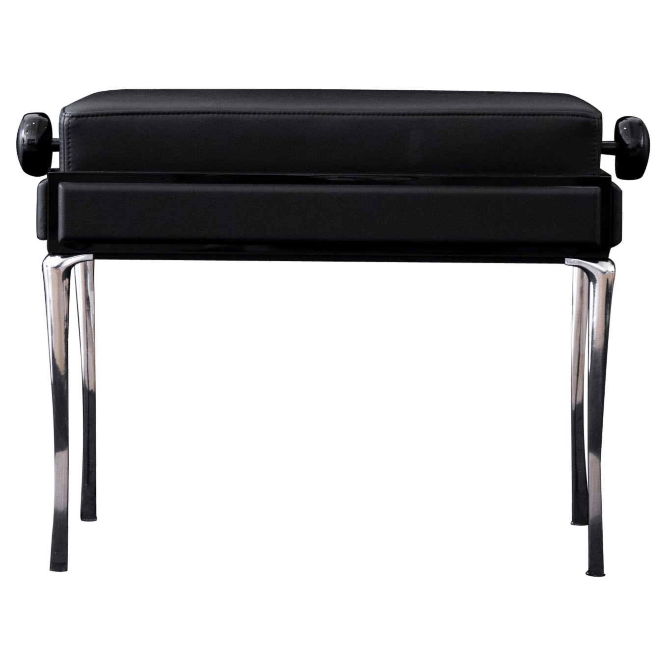 Piano Bench, Upholstered Stool with Adjustable Height in Black Leather For Sale